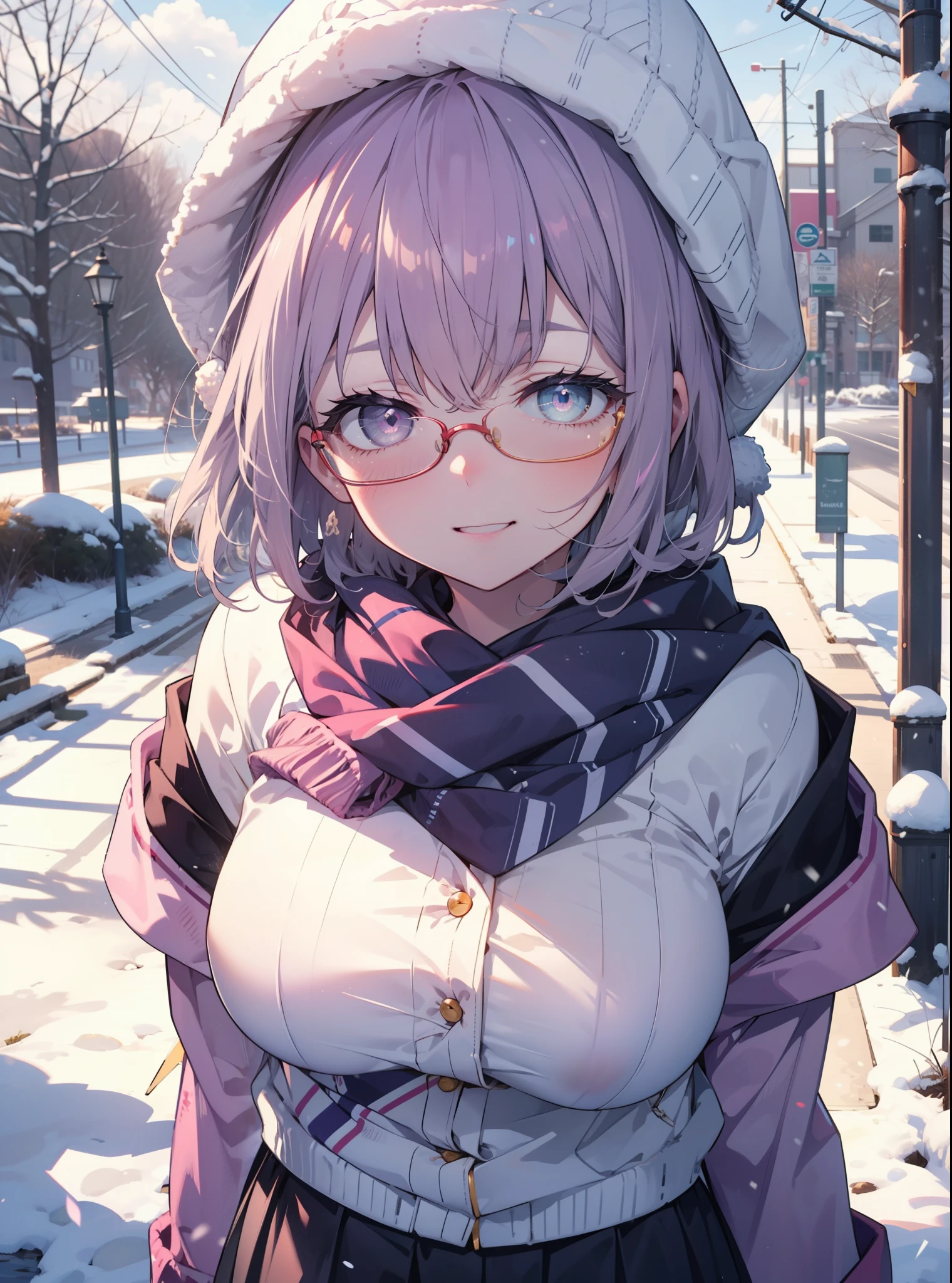 akaneshinjou, shinjou akane, Light purple hair, (Pink Eyes:1.2), short hair,Akagi Glasses,hair band,,White Breath,Big Breasts,Purple coat,White sweater,happy smile, smile, Open your mouth,Black long skirt,Red scarf,Knitted hat,Daytime,cloudy,snow,snowが降り積もっている,whole bodyがイラストに入るように,Looking down from above,
 break looking at viewer,whole body,               　　　　　　　 break outdoors 森, nature, 　　　　　　　　　　　break (masterpiece:1.2), highest quality, High resolution, unity 8k wallpaper, (shape:0.8), (Beautiful and beautiful eyes:1.6), Highly detailed face, Perfect lighting, Extremely detailed CG, (Perfect hands, Perfect Anatomy),