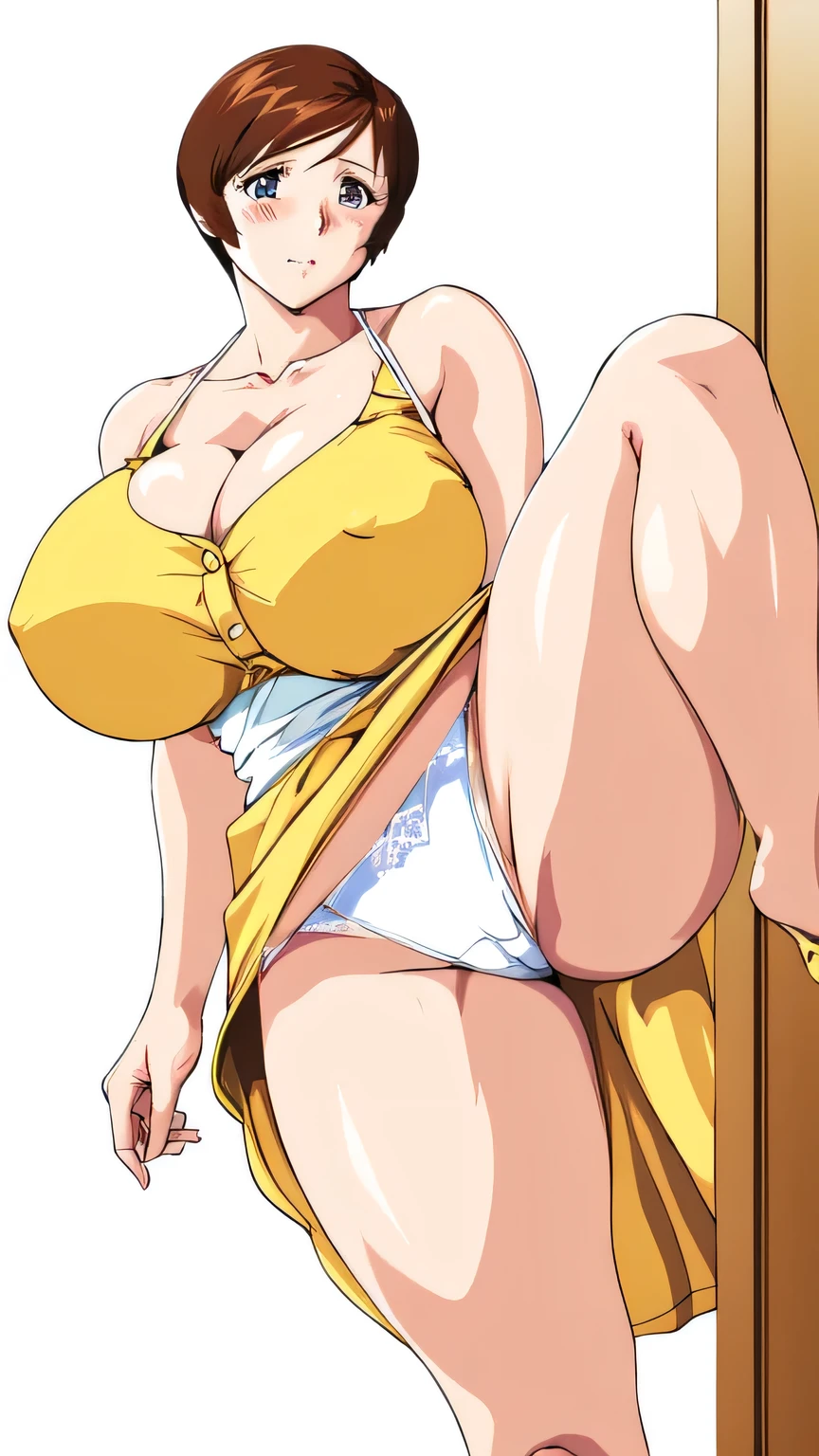 masterpiece, highest quality, High resolution, One Girl, alone, alone, short hair, etsukoto, fine grain, fine grain, (((Thick thighs, Plump thighs, Voluptuous thighs, Thighs are enough))), Big and ample breasts, Cleavage, Huge long breasts, Naughty big,((Big breasts are important))、((Naughty thighs)), L Cup, (thin:1.4),(Tight waist:1.4), (Perfect beautiful yellow dress:1.4), ((white waist apron)), Embarrassed look, White panties, (((Simple Background))), ((Wide Hips)), Shiny, Oily skin, Mature mother, Calf, Seductive mature woman, Perfect body, Plus Size Model, etsukoto, blush, clavicle, retro artstyle, 1990s (style), (((slip legs, bare legs, showing legs))), full body, from below, spread legs,