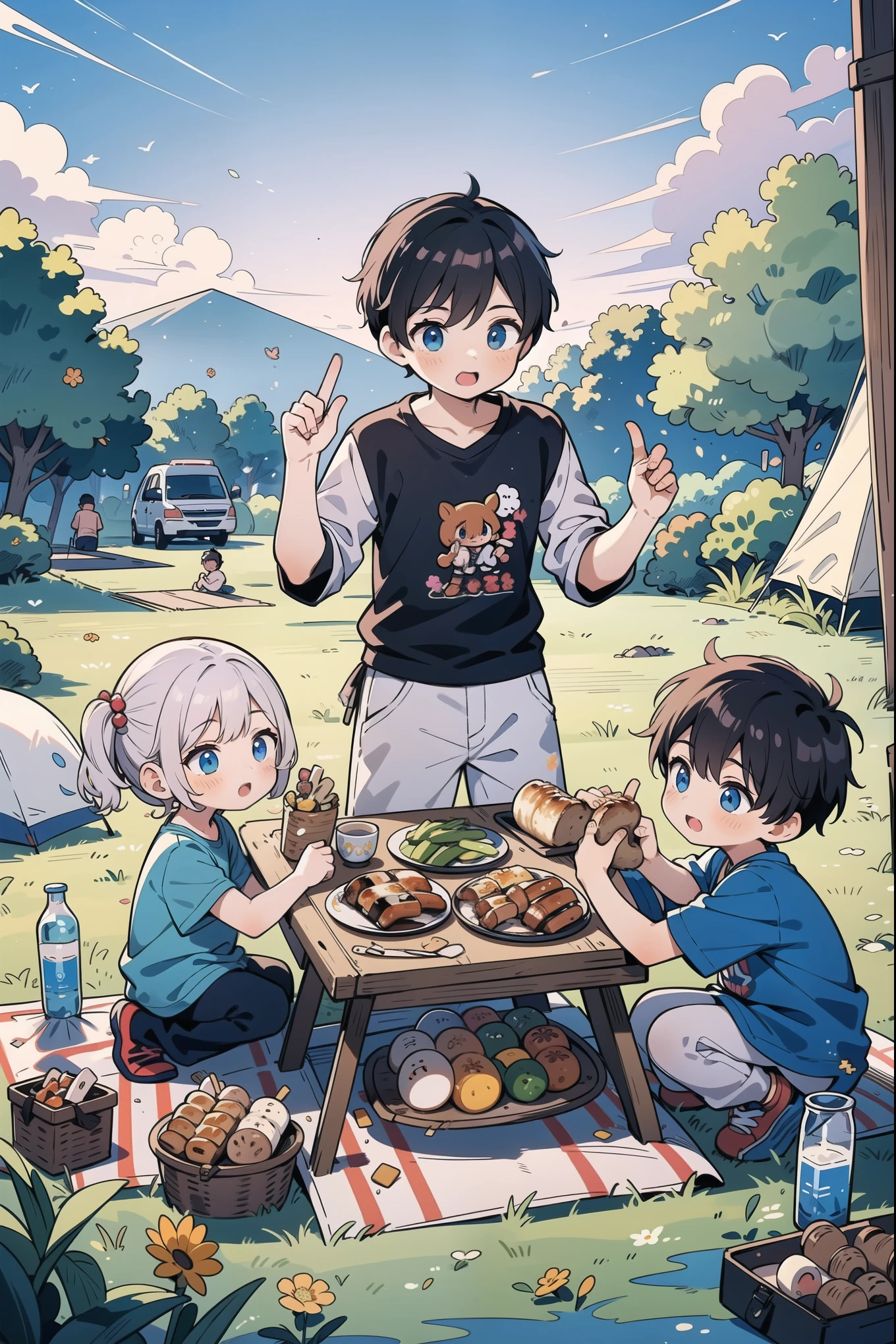 (5 boys watching and playing with each other), whole body (Laurie: 1.2), camping, picnicking, barbecue, barbecue, summer, flowers, evening, shoes, children's illustrations, masterpieces, best quality,