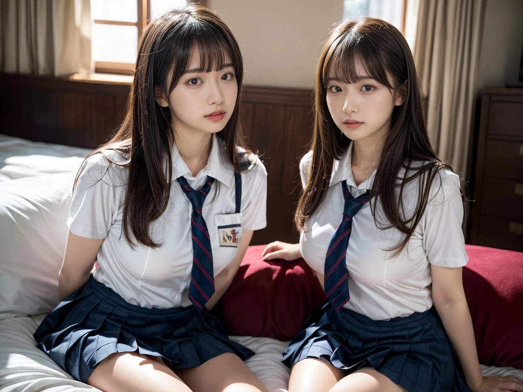 (RAW photo, 4k, masterpiece, high resolution, extremely complex) (realistic: 1.4), cinematic lighting
((2 girls, 2 schoolgirls)),Slam Dunk's,blushing,((innocent)),(Dark makeup),bright eyes,round eyes,blunt bangs,(straight hair:1.3),black hair,large breasts,wide hips,Summer Noon, 20 year old girl、cute type、ta,Hot, (Best Quality), (Highres), (an Extremely Delicate and Beautiful),(Beautiful 8k face),(Brown eyes),short bob hair,( spectators),(gigantic breasts),(Play with each other,Touching each other's bodies,Touching the body),(Japanese high school uniform:1.3),blue skirt,(reality),bright lighting,(The background is a luxury hotel room)