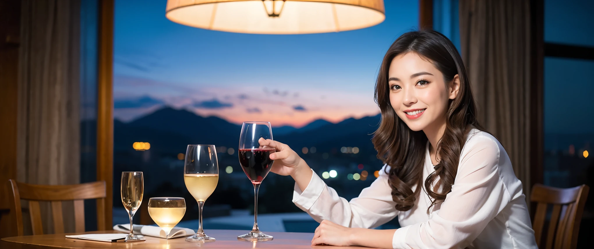 (including k, nffsw, highest quality, table top: 1.2), (realistic, photorealistic: 1.37), Spectacular view of the sunset sky and clouds、Amazing mountain views、long sleeve shirt、winter fashion、Japanese、French,Champagne、sparkling wine、 (Slim Face), (slim body), (brown hair), (shortcut), neat beauty、cheeks turn a little red, (36years old), 40 years old, alone, Outside the window, a beautiful and detailed night view unfolds.., restaurant, Wine glass sitting, At night, in a prominent place (from the Upper body) nova frog style, actress, model, Upper body, White wine, slim, wine glass, Super Clean night View, wine glass Put in the Middle, Happy smile, (smile: 1.15), beautiful and detailed eyes, Upper body, bust japan up, night, short, short, actress, model, Upper body, White wine, slim, wine glass, Super Clean night View, wine glass Put in the Middle, Happy smile,