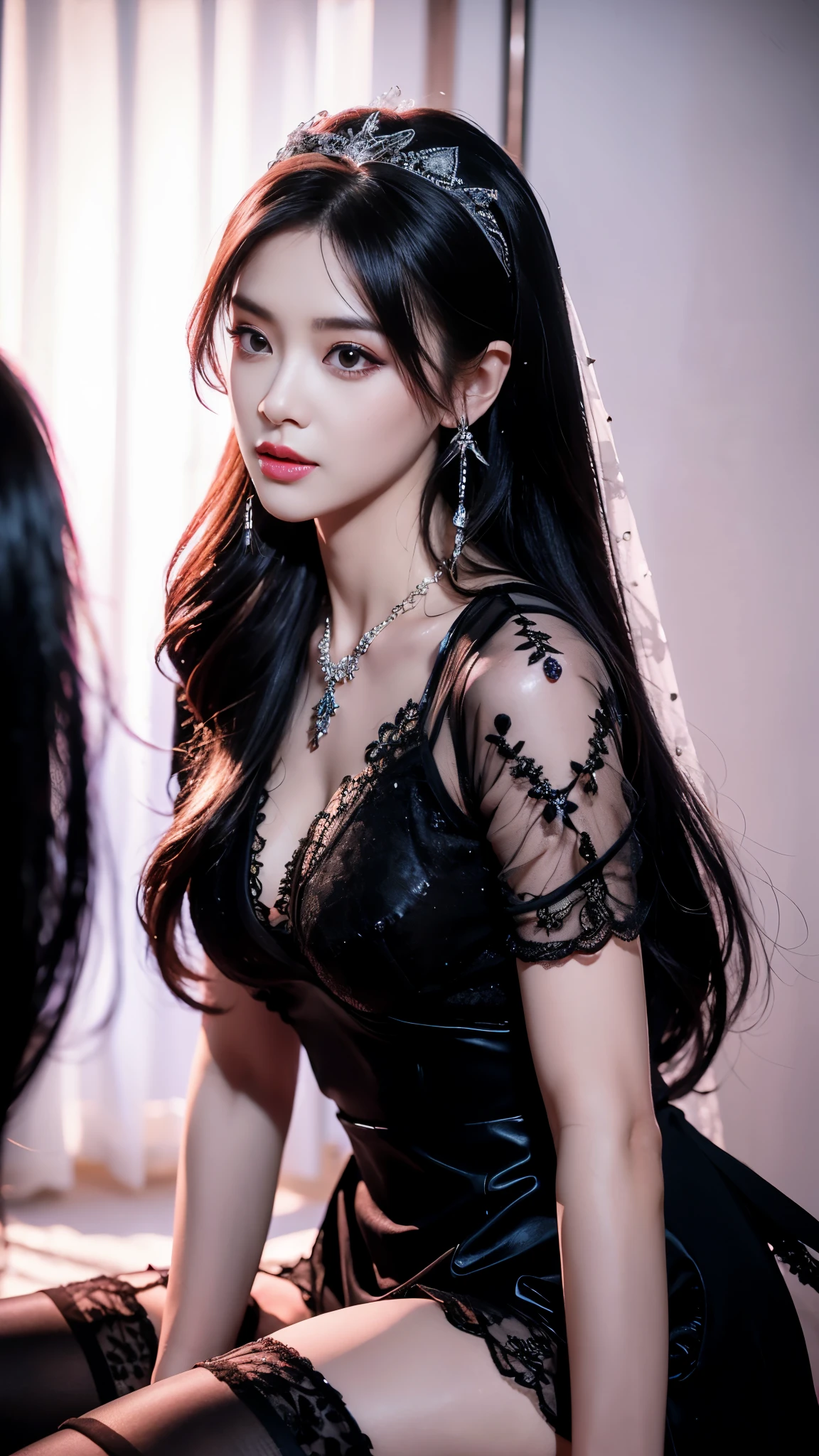 4K, UHD, masterpeice, 1 girl, good face, happy face, ((skin)), detailed eyes, detailed lipstick, very long hair, straight hair, very long hair, beautiful hair, hair ornaments, hairband, gradient hair, ((black stocking)), ((princess clothing)), ((decorated clothing)), ((sardine)), ((sparkle clothing)), ((black lace:1.5)), black, ((diamond bracelet)), ((pendant)), ornaments, necklace, earring, high lighting, ((in the wedding stage)), depth of field, ray tracing, ultra realistic detailes,