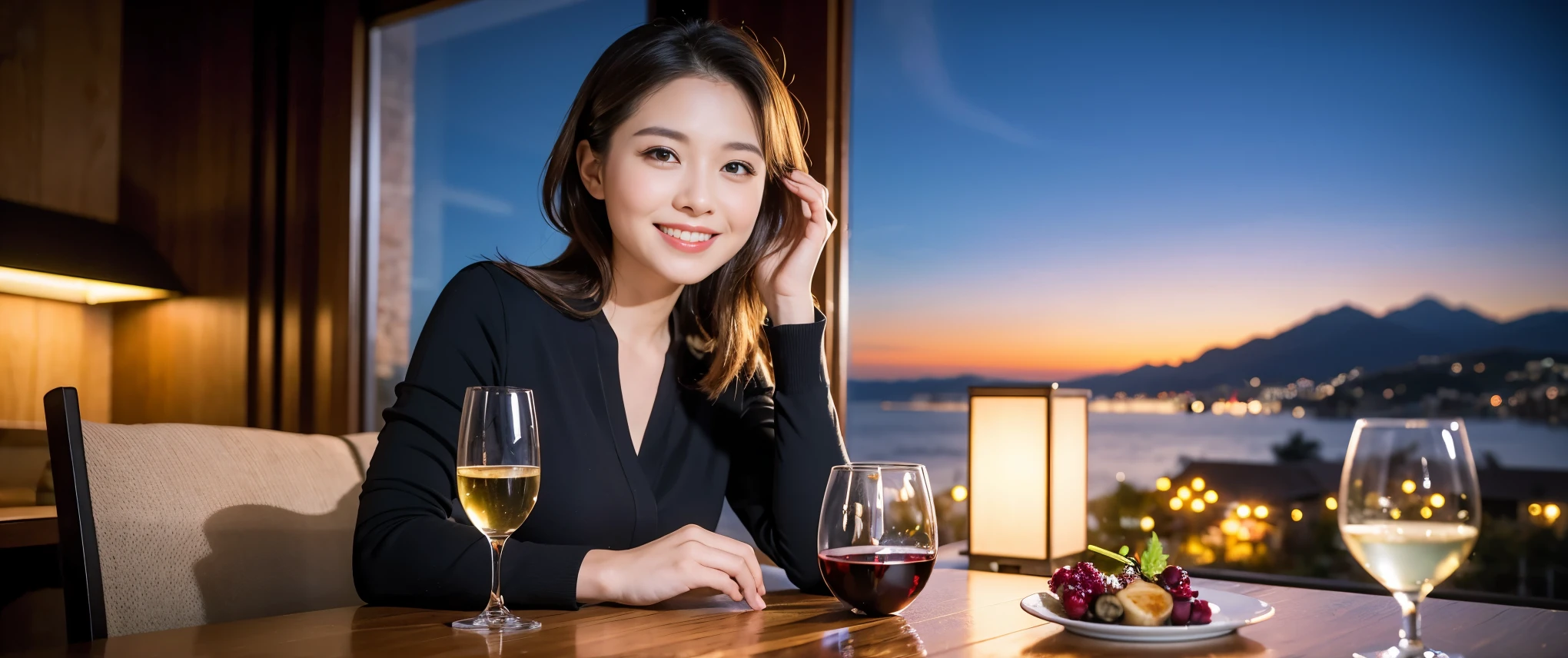 (including k, nffsw, highest quality, table top: 1.2), (realistic, photorealistic: 1.37), Spectacular view of the sunset sky and clouds、Amazing mountain views、long sleeve shirt、winter fashion、Japanese、French,Champagne、sparkling wine、 (Slim Face), (slim body), (brown hair), (shortcut), neat beauty、cheeks turn a little red, (36years old), 40 years old, alone, Outside the window, a beautiful and detailed night view unfolds.., restaurant, Wine glass sitting, At night, in a prominent place (from the Upper body) nova frog style, actress, model, Upper body, White wine, slim, wine glass, Super Clean night View, wine glass Put in the Middle, Happy smile, (smile: 1.15), beautiful and detailed eyes, Upper body, bust japan up, night, short, short, actress, model, Upper body, White wine, slim, wine glass, Super Clean night View, wine glass Put in the Middle, Happy smile,