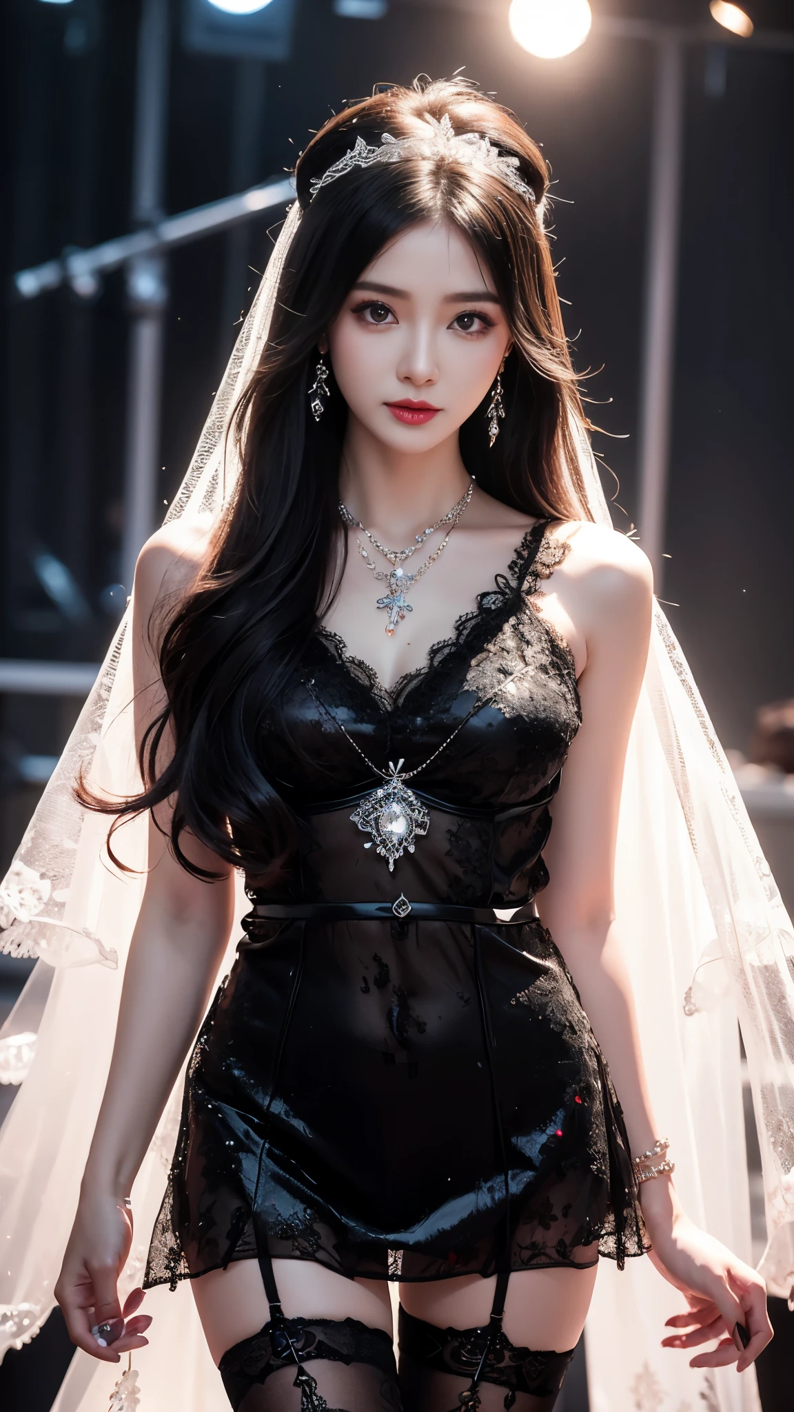 4K, UHD, masterpeice, 1 girl, good face, happy face, ((skin)), detailed eyes, detailed lipstick, very long hair, straight hair, very long hair, beautiful hair, hair ornaments, hairband, gradient hair, ((black stocking)), ((princess clothing)), ((decorated clothing)), ((sardine)), ((sparkle clothing)), ((black lace:1.5)), black, ((diamond bracelet)), ((pendant)), ornaments, necklace, earring, high lighting, ((in the wedding stage)), depth of field, ray tracing, ultra realistic detailes, sitting,