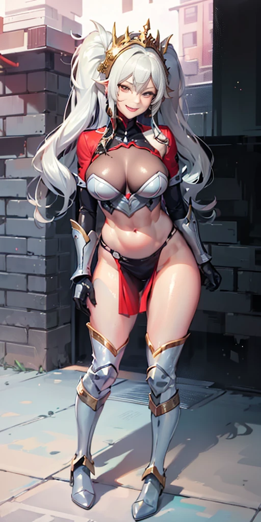 1girl full body standing, nice ass, Hairstyle with a braid, white colored hair, Yellow eyes, perfect lighting, muscular, thighs, mature woman, mummy, bellybutton, Abs, looks at the viewer (masterpiece, HI quality: 1.1) smile, Extremely huge breasts, Maternal, porcelain skin, extra very long hair, sparkly skin, good face, chest cover
