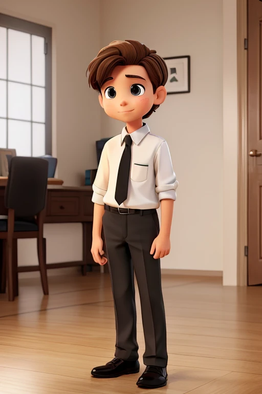 A 12-year-old boy with brown hair wears a white shirt with a black tie, black pants and gray shoes 