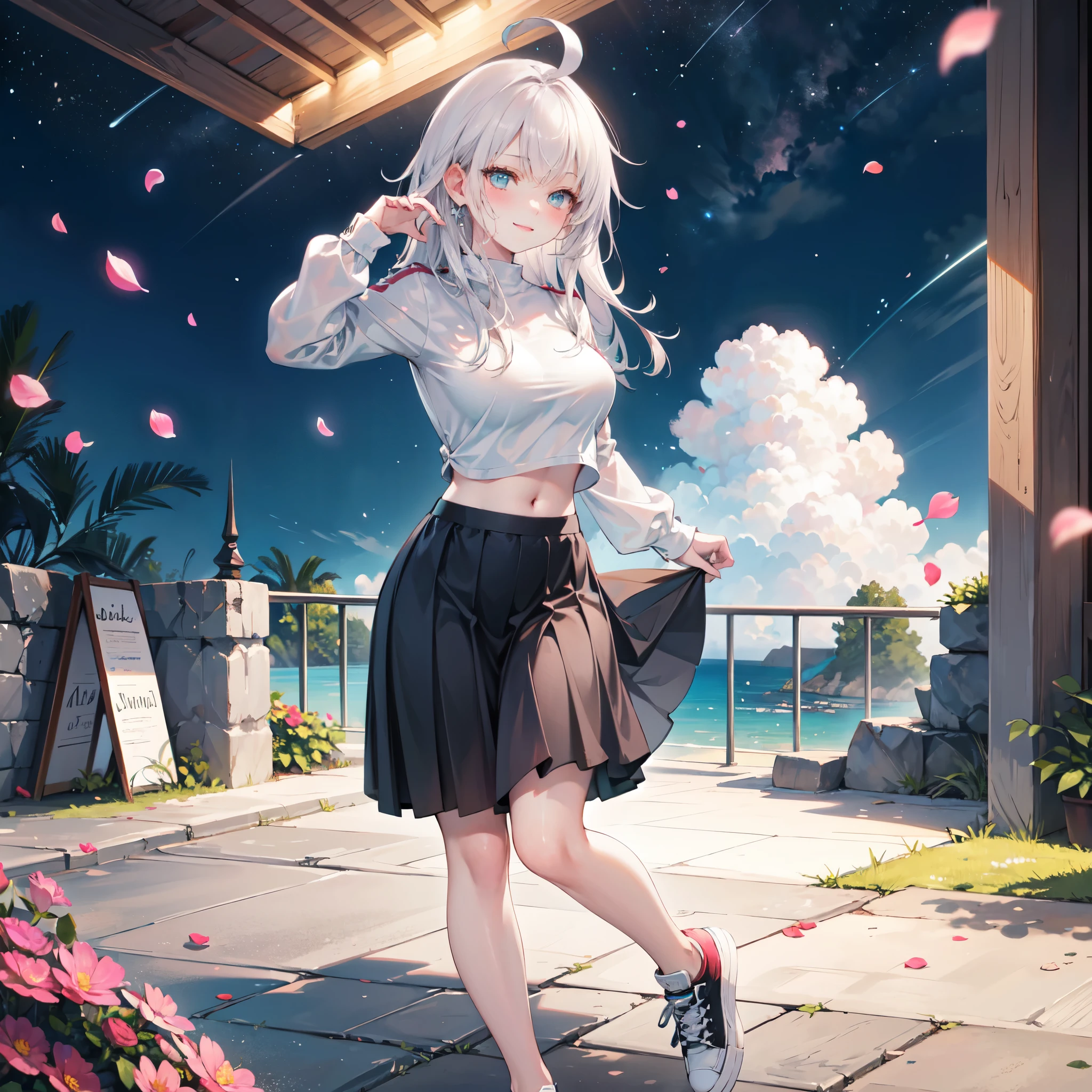 realistic image, detailed image, coherent image, 1 beautiful girl, she has very long hair, white hair, light blue eyes, smiling expression. She is wearing a long-sleeved t-shirt, showing her navel, a pleated miniskirt, sneakers, She has a curvy body, medium breasts and thick thighs, She is posing sensually, lifting her skirt a little, arching her back, black background, uniform background, starry night, flower petals falling around, Soft focus, full body view, Dramatic shadows, Volumetric lighting, natural lighting,Alisa Mikhailovna Kujou,ahoge