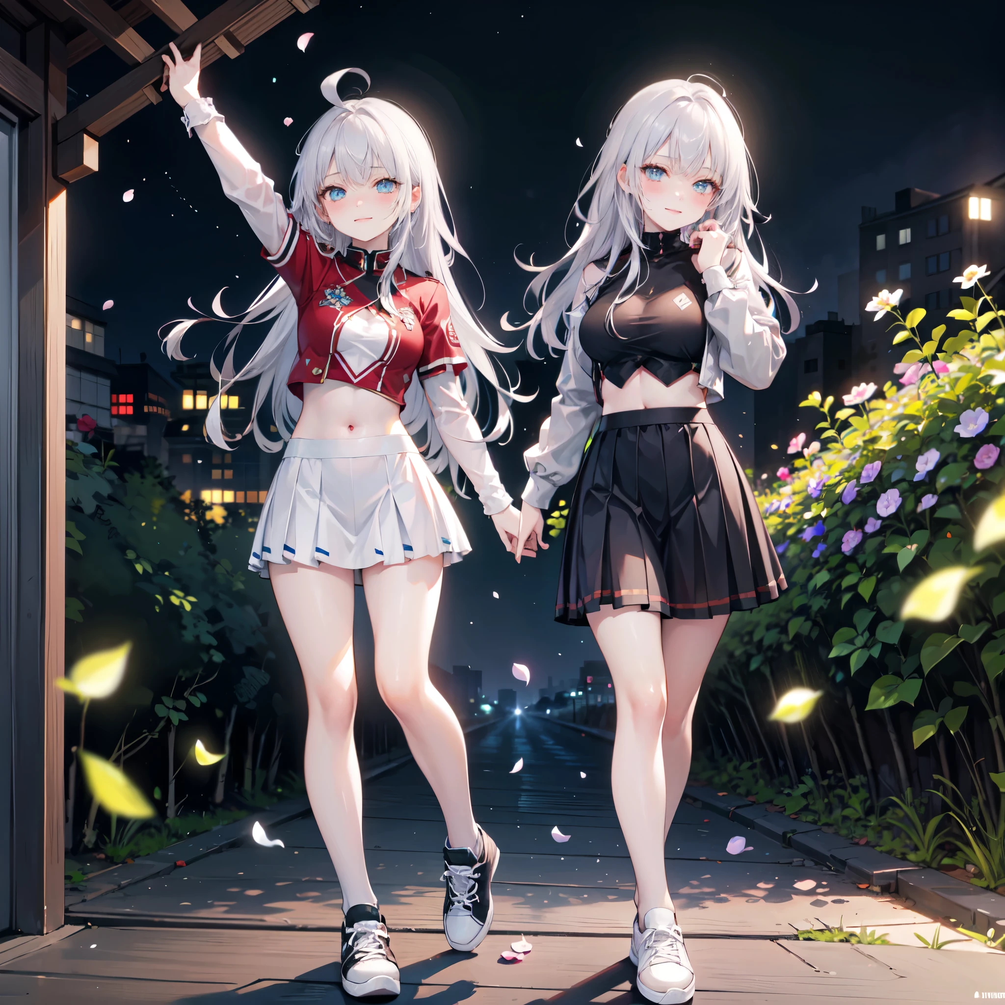 realistic image, detailed image, coherent image, 1 beautiful girl, she has very long hair, white hair, light blue eyes, smiling expression. She is wearing a long-sleeved t-shirt, showing her navel, a pleated miniskirt, sneakers, She has a curvy body, medium breasts and thick thighs, She is posing sensually, lifting her skirt a little, arching her back, black background, uniform background, starry night, flower petals falling around, Soft focus, full body view, Dramatic shadows, Volumetric lighting, natural lighting,Alisa Mikhailovna Kujou,ahoge
