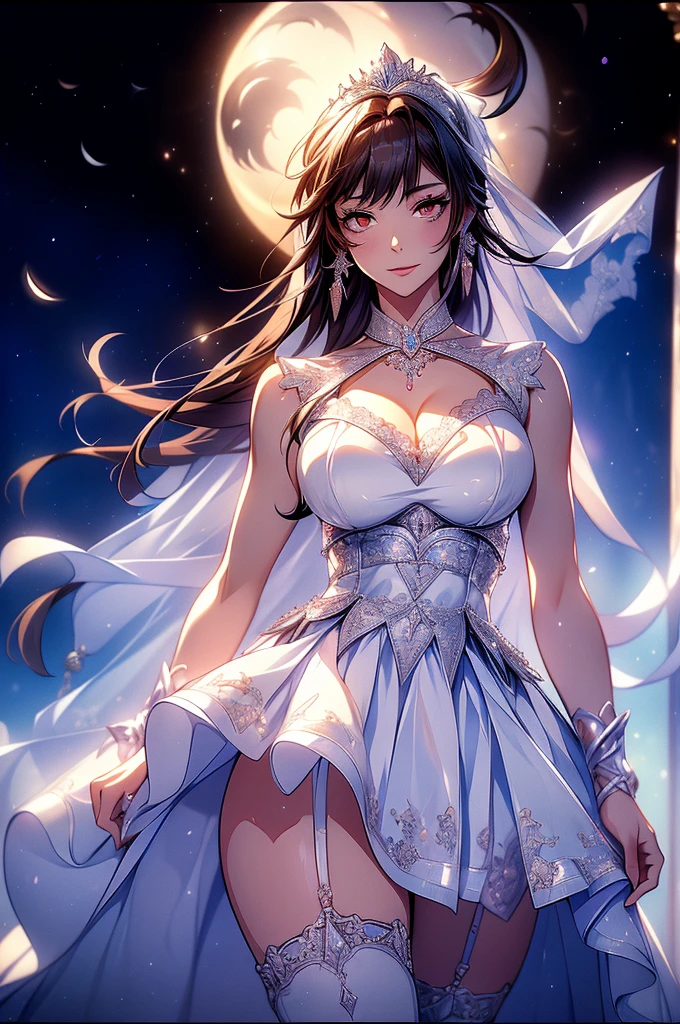 (top-quality、in 8K、32K、​masterpiece、nffsw、超A high resolution、Impresionismo、Photorealsitic:1.2)、1girl in, 独奏, Homura, white backgrounid, (​masterpiece:1.2), (top-quality:1.15), ighly detailed、(Eyes are purple、:1.2)、Smaller chest、grin、Clean thighs、(((Beach at night、a moon、Big Moon、weddingdress、Luxurious dresses、white glove、a white veil、chies、Small body、)))、