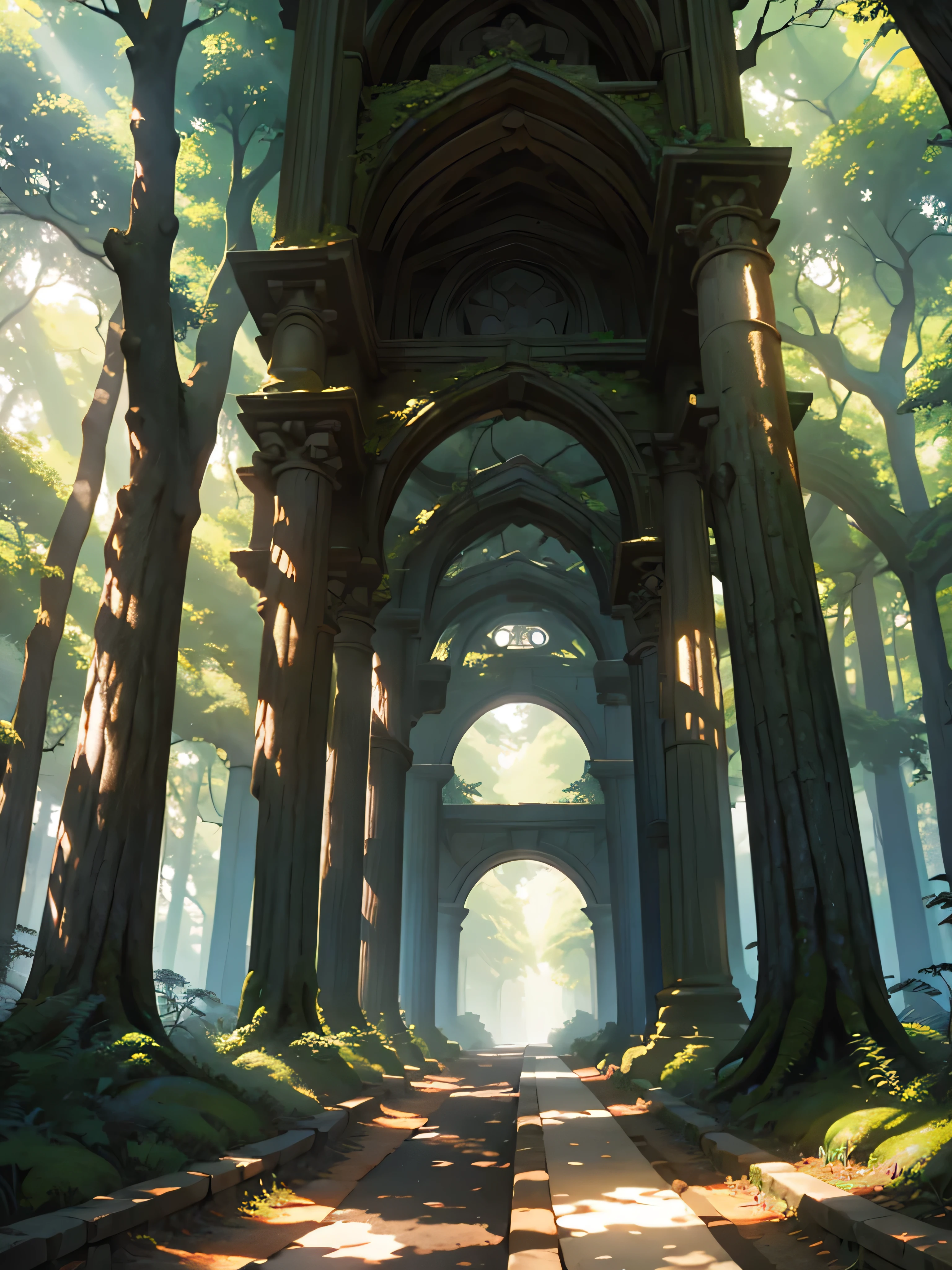 A forest pathway lined with ancient oak trees, their gnarled branches forming a natural archway overhead, and soft sunlight filtering through the dense foliage."