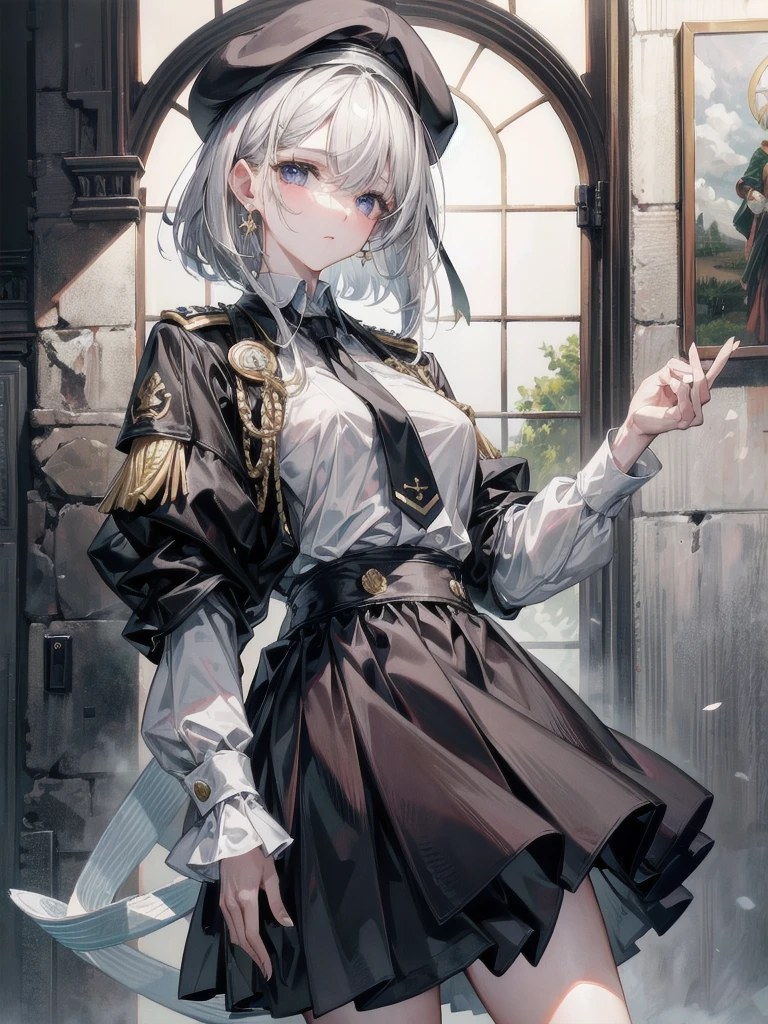 yuri, beret, skirt, military uniform, absurdres, RAW photo, extremely delicate and beautiful, masterpiece, Best Quality, ultra high resolution, 32k, hyperrealistic, ultra-detailed, perfect figure, perfect shape, detailed description, pale skin, 20 years old, detailed beautiful face and eyes, tearful mole, earring, short medium hair, wavy hair,