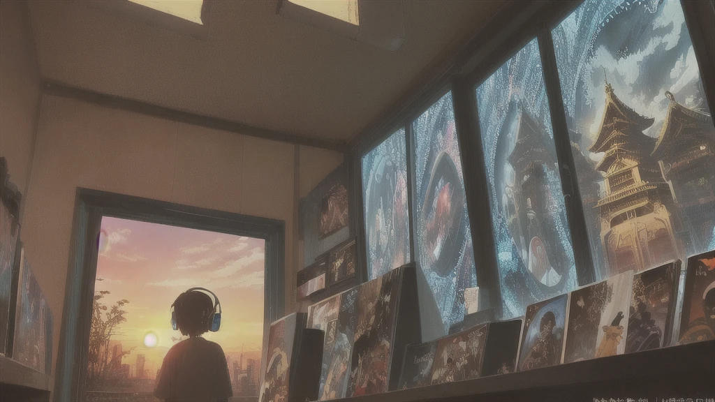 Photo of a man listening to music with headphones, Text Why you?, Super detailed, Retro Wave, cyber punk, Sad mood, Sunset shining through the window, Temple seen from the window, eveningの雰囲気, Balcony, 2D, (Long Shot), Wide Shot, (Movie noise), Old cartoons, (Many records: 1.3), vinyl record store, (masterpiece, Very high quality, Very high quality, Official Art, beautifully、aesthetic: 1.2), (Very detailed, (Fractal Art: 1.4 ), guitar, (Note: 1.4), (Lo-fi hip hop), Side view, Old Anime Texture, alone, speaker, cyber punk, vinyl, evening