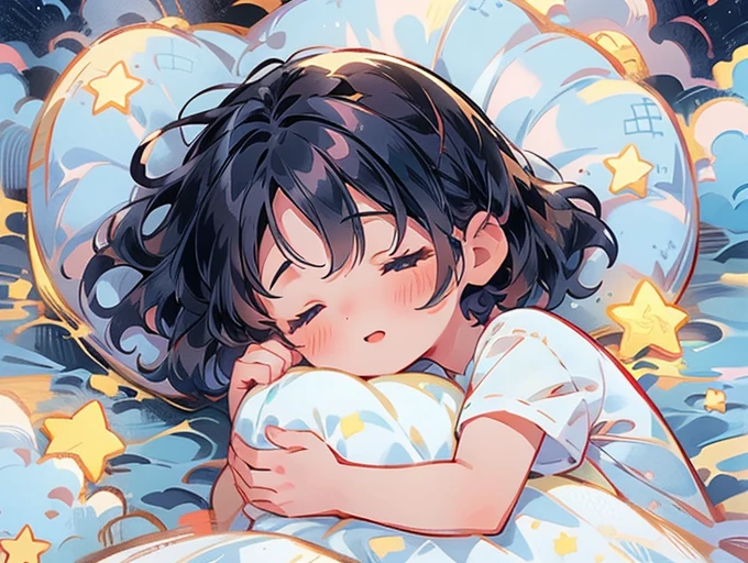 A girl, navy hair,wavy short hair, navy eyes, Sleeping in cloud, Sleeping on Pillow, Happy, Lovely, Closed eyes, Break, Towards you, POV, when she sleeps next to you, Pillow, cloud, Star, cloud-Bed and night-sky background, anime, illustration, high quality CG, Fair,