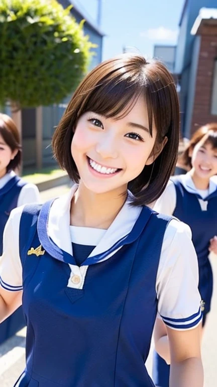 (run and jump)、Schoolyard、Cheerfully、smile、skip、Teenage Girls Japanese Realistic 10 generations Background Blur、Sailor suit、blue sky