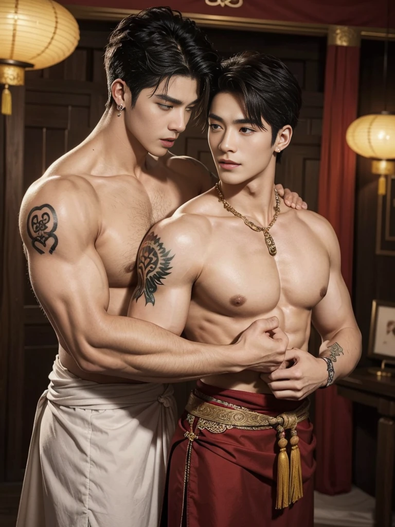 Two handsome boys kissing, smiling at each other, catching eyes ,hugging, kissing, touching lips, cuddle, romantic,skin ship, Chinese Men God, Mythology, realistic, Chinese odyssy, super Handsome,manly, kpop idol, handsome korean actor, 20 years old,, detailed face, manly jawline, manly chin, detailed mess curly styling hair, Topless, Muscles, big chest Athlete body, Full Frame,full body shoots, Sexy, realistic, human skin, tattoo breast, Professional studio Lighting, long red tibetan Outfit, jade and golden pendent all over , detailed jewery in dress, earings,Chinese ancient temple Background,out door, super detailed background,look at camera , open mouth, loincloth Underneathe Underwear, tibet Warrior, Hanfu red wedding dress, tibet Male, tibet Nobel, Seduce , bare chest , tattoo chest, tattoo arms, tattoo hands, tattoo back, tattoo legs , detailed tattoos, big juicy butts, bare butts