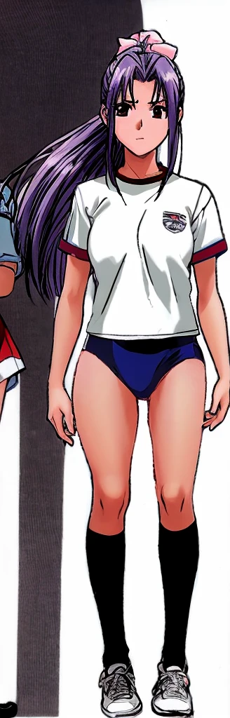 Momoko Koigakubo, a tall girl with beautiful legs, is standing from behind in a white gym uniform and light navy blue bloomers that look like panties.。