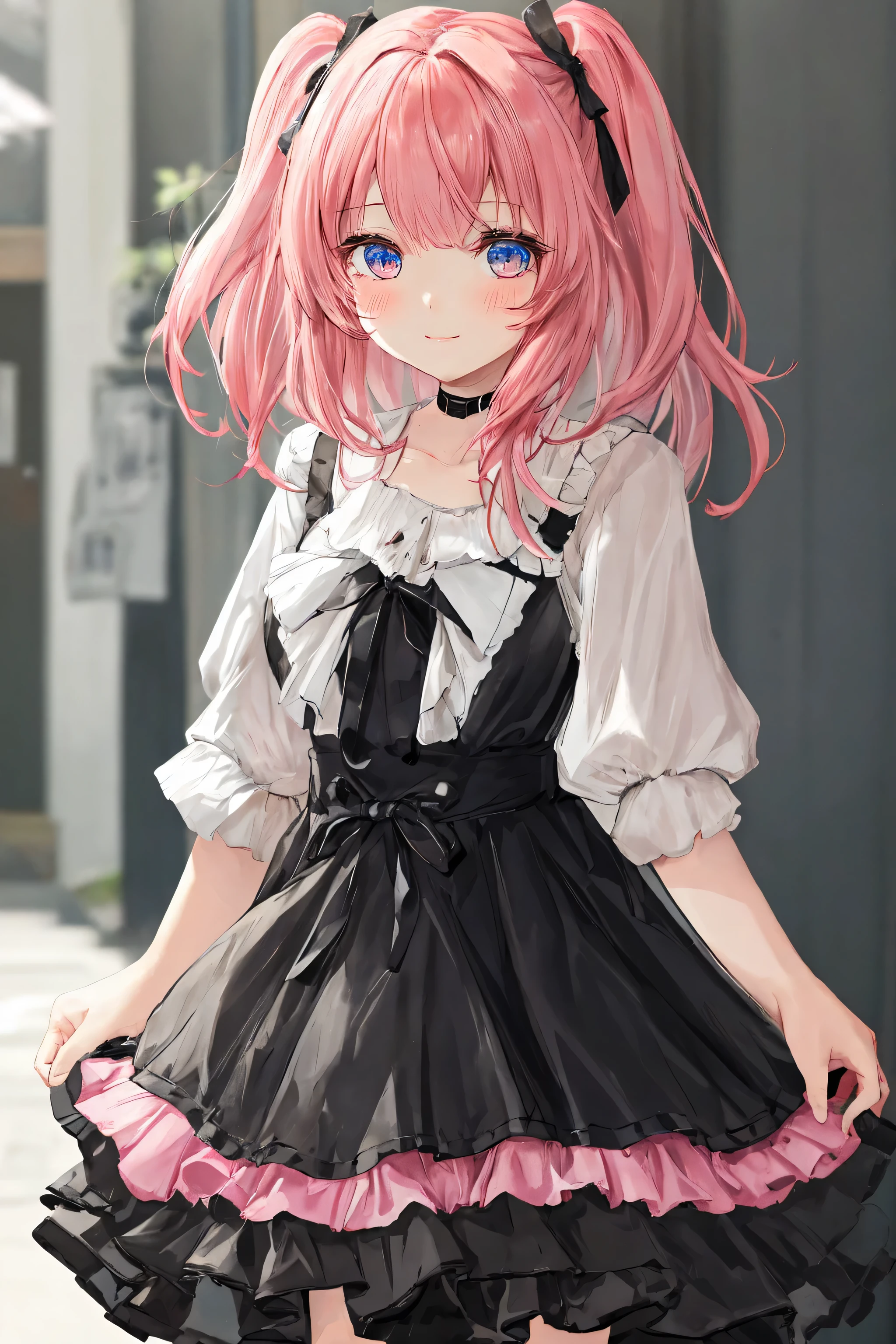 girl with pink hair, cute, black dress, 