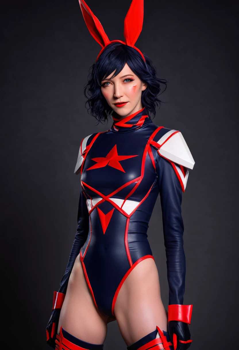 a cute cosplay woman, cate blanchett, wearing bunny ears, costumed as kill la kill ryuko matoi, full body shot, detailed face, beautiful detailed eyes, beautiful detailed lips, extremely detailed features, long eyelashes, dynamic pose, high quality, 8k, photorealistic, cinematic lighting, vivid colors, digital art, concept art style
