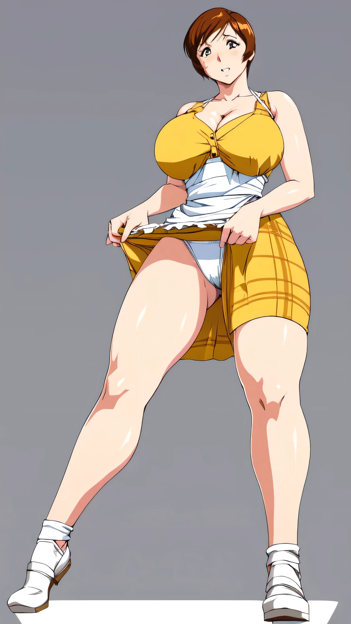 masterpiece, highest quality, High resolution, One Girl, alone, alone, short hair, etsukoto, fine grain, fine grain, (((Thick thighs, Plump thighs, Voluptuous thighs, Thighs are enough))), Big and ample breasts, Cleavage, Huge long breasts, Naughty big,((Big breasts are important))、((Naughty thighs)), L Cup, (thin:1.4),(Tight waist:1.4),  (Perfect beautiful yellow dress:1.4), ((white waist apron)), Embarrassed look, White panties, (((Simple Background))), ((Wide Hips)), Shiny, Oily skin, Mature mother, Calf, Seductive mature woman, Perfect body, Plus Size Model, etsukoto, blush, clavicle, retro artstyle, 1990s (style), (((slip legs, bare legs, showing legs))), full body, from below, spread legs,