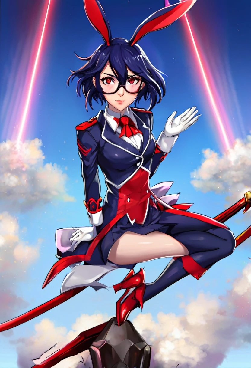a cute cosplay woman, cate blanchett, wearing bunny ears, costumed as kill la kill ryuko matoi, full body shot, detailed face, beautiful detailed eyes, beautiful detailed lips, extremely detailed features, long eyelashes, dynamic pose, high quality, 8k, photorealistic, cinematic lighting, vivid colors, digital art, concept art style