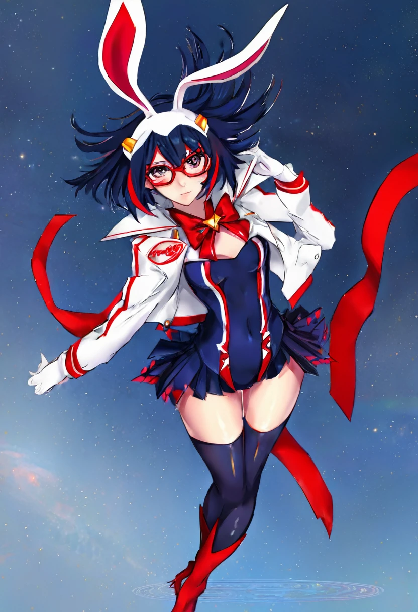 a cute cosplay woman, cate blanchett, wearing bunny ears, costumed as kill la kill ryuko matoi, full body shot, detailed face, beautiful detailed eyes, beautiful detailed lips, extremely detailed features, long eyelashes, dynamic pose, high quality, 8k, photorealistic, cinematic lighting, vivid colors, digital art, concept art style
