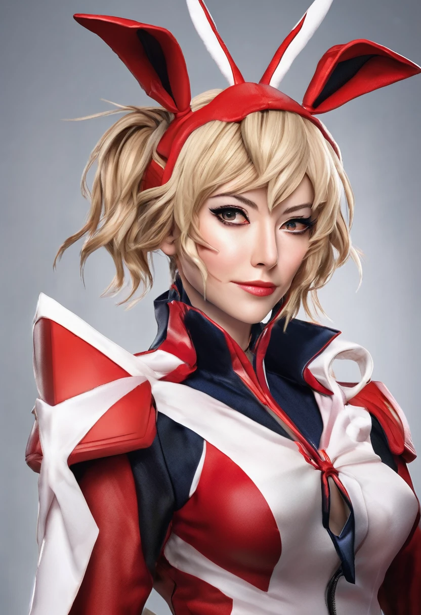 a cute cosplay woman, cate blanchett, wearing bunny ears, costumed as kill la kill ryuko matoi, full body shot, detailed face, beautiful detailed eyes, beautiful detailed lips, extremely detailed features, long eyelashes, dynamic pose, high quality, 8k, photorealistic, cinematic lighting, vivid colors, digital art, concept art style