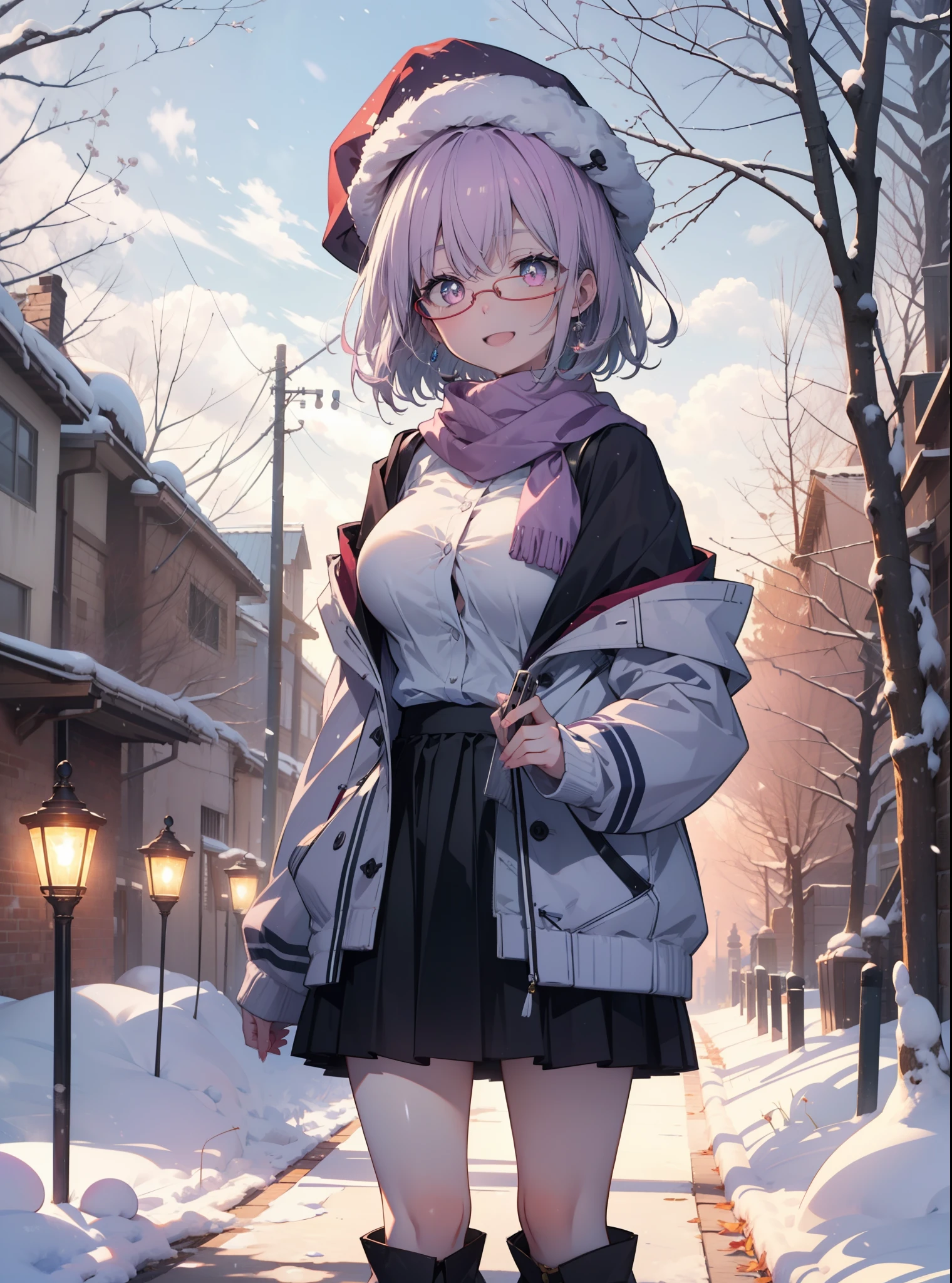 akaneshinjou, shinjou akane, Light purple hair, (Pink Eyes:1.2), short hair,Akagi Glasses,hair band,,White Breath,Big Breasts,Purple coat,White sweater,happy smile, smile, Open your mouth,Black long skirt,Red scarf,short boots,Knitted hat,Daytime,cloudy,snow,snowが降り積もっている,whole bodyがイラストに入るように,Looking down from above,
 break looking at viewer,whole body,               　　　　　　　 break outdoors 森, nature, 　　　　　　　　　　　break (masterpiece:1.2), highest quality, High resolution, unity 8k wallpaper, (shape:0.8), (Beautiful and beautiful eyes:1.6), Highly detailed face, Perfect lighting, Extremely detailed CG, (Perfect hands, Perfect Anatomy),