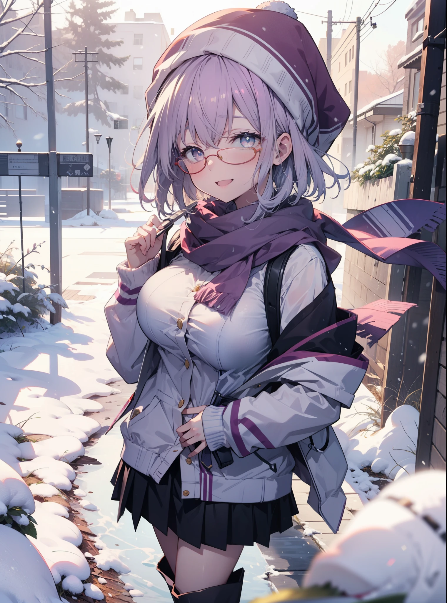 akaneshinjou, shinjou akane, Light purple hair, (Pink Eyes:1.2), short hair,Akagi Glasses,hair band,,White Breath,Big Breasts,Purple coat,White sweater,happy smile, smile, Open your mouth,Black long skirt,Red scarf,short boots,Knitted hat,Daytime,cloudy,snow,snowが降り積もっている,whole bodyがイラストに入るように,Looking down from above,
 break looking at viewer,whole body,               　　　　　　　 break outdoors 森, nature, 　　　　　　　　　　　break (masterpiece:1.2), highest quality, High resolution, unity 8k wallpaper, (shape:0.8), (Beautiful and beautiful eyes:1.6), Highly detailed face, Perfect lighting, Extremely detailed CG, (Perfect hands, Perfect Anatomy),