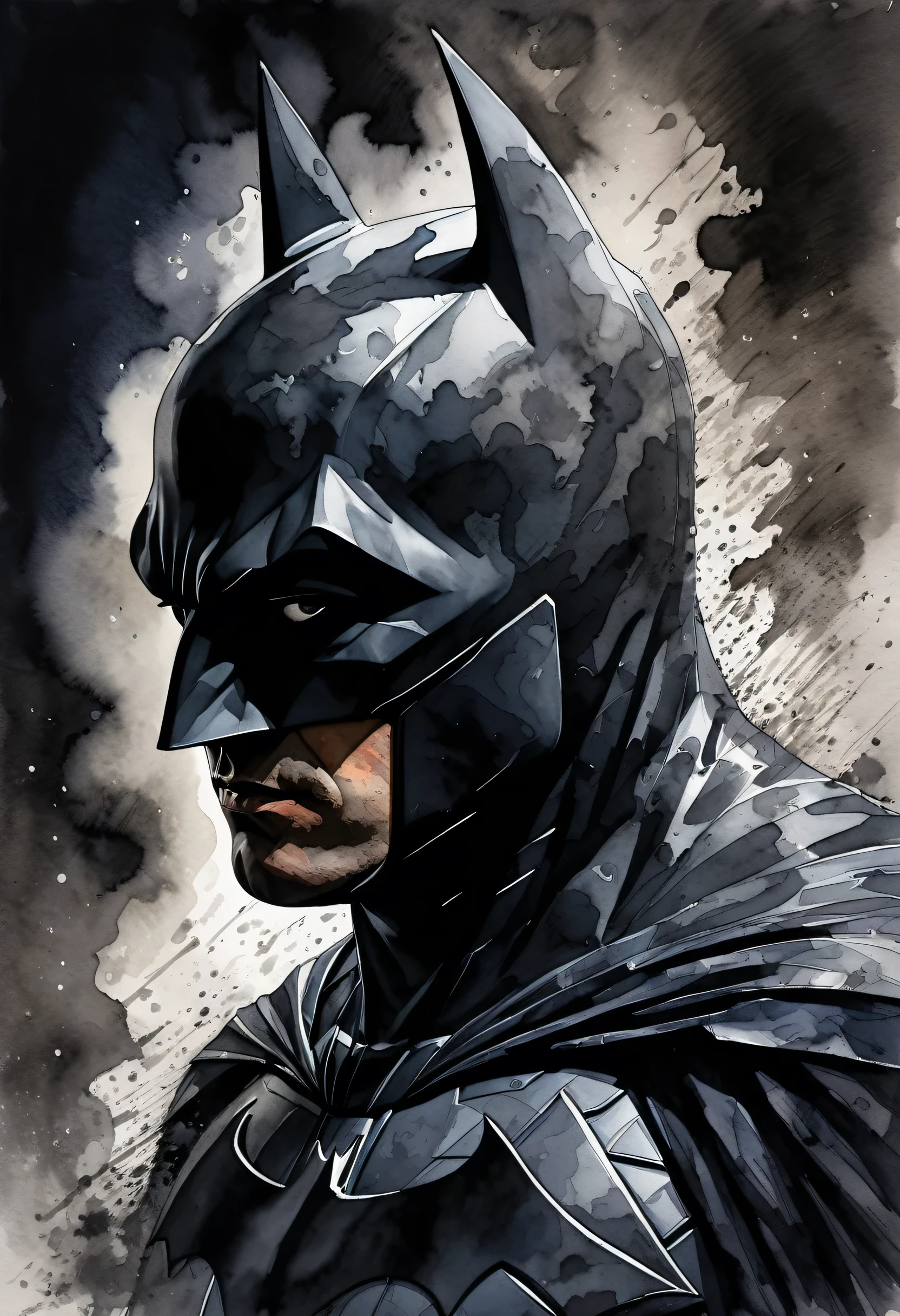 a watercolor portrait of Batman for you, capturing the essence of the Dark Knight with a rough and brooding appearance. His half face is shrouded in shadow, adding a sense of mystery, while the textures and smoke around him create an atmospheric effect. The volumetric lighting adds depth and drama to the scene, highlighting the intricate details of this masterpiece