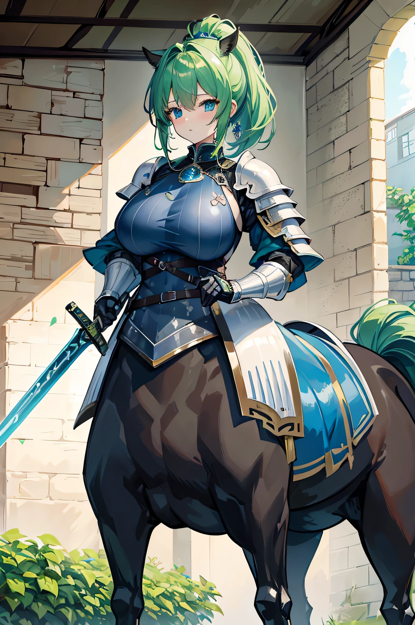 4k,High resolution,One Woman,Centaur,Green Hair,Short Ponytail,Blue Eyes,Big Breasts,knight,Knight&#39;s Armor,Full Armor,Heavy Armor,Jewelry decoration,Long sword,Medieval village