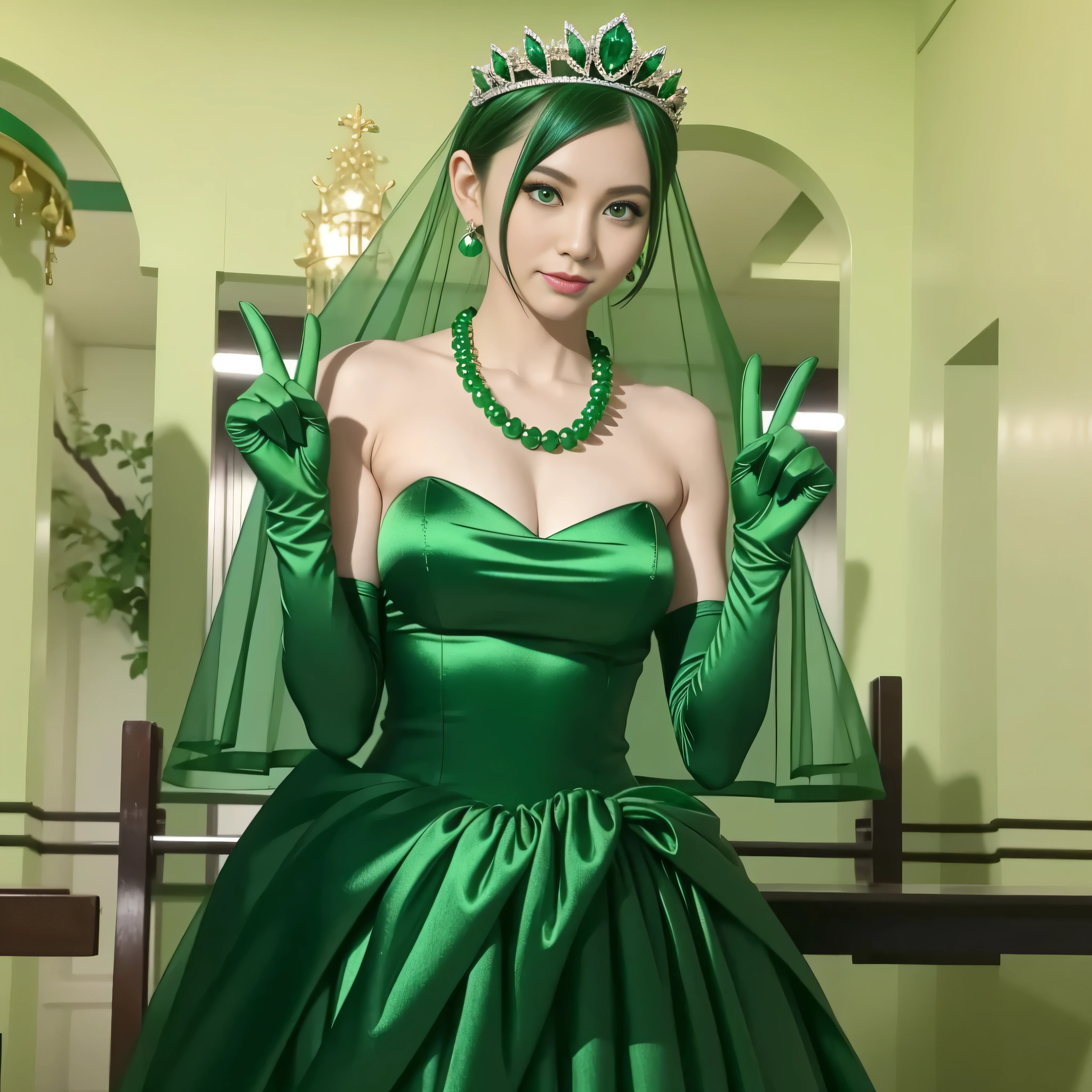 Emerald tiara, Green Pearl Necklace, Boyish very short green hair, lipstick, Smiling 30th Generation Japanese Woman, Very short hair, Big and beautiful, Green Eyes, Long green satin gloves, Green Eyes, V sign, Emerald Earrings, Green veil, Big Breasts, 30th Generation