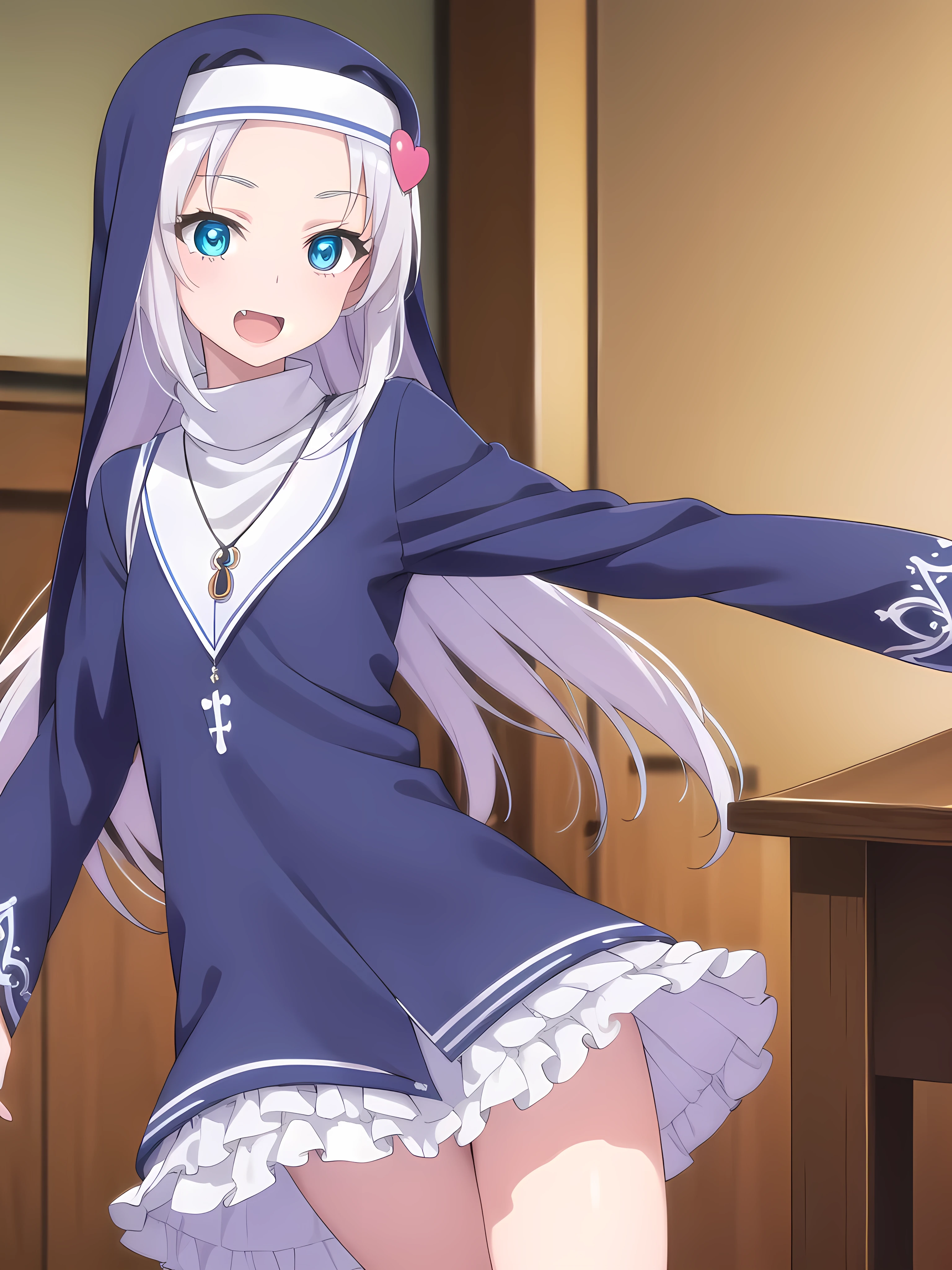 mariatakayama, maria takayama, long hair, blue eyes, fang, aqua eyes, smile, open mouth,
BREAK jewelry, heart, necklace, nun, habit, white short skirt
BREAK indoors, classroom,
BREAK looking at viewer, (cowboy shot:1.5),
BREAK (masterpiece:1.2), best quality, high resolution, unity 8k wallpaper, (illustration:0.8), (beautiful detailed eyes:1.6), extremely detailed face, perfect lighting, extremely detailed CG, (perfect hands, perfect anatomy),