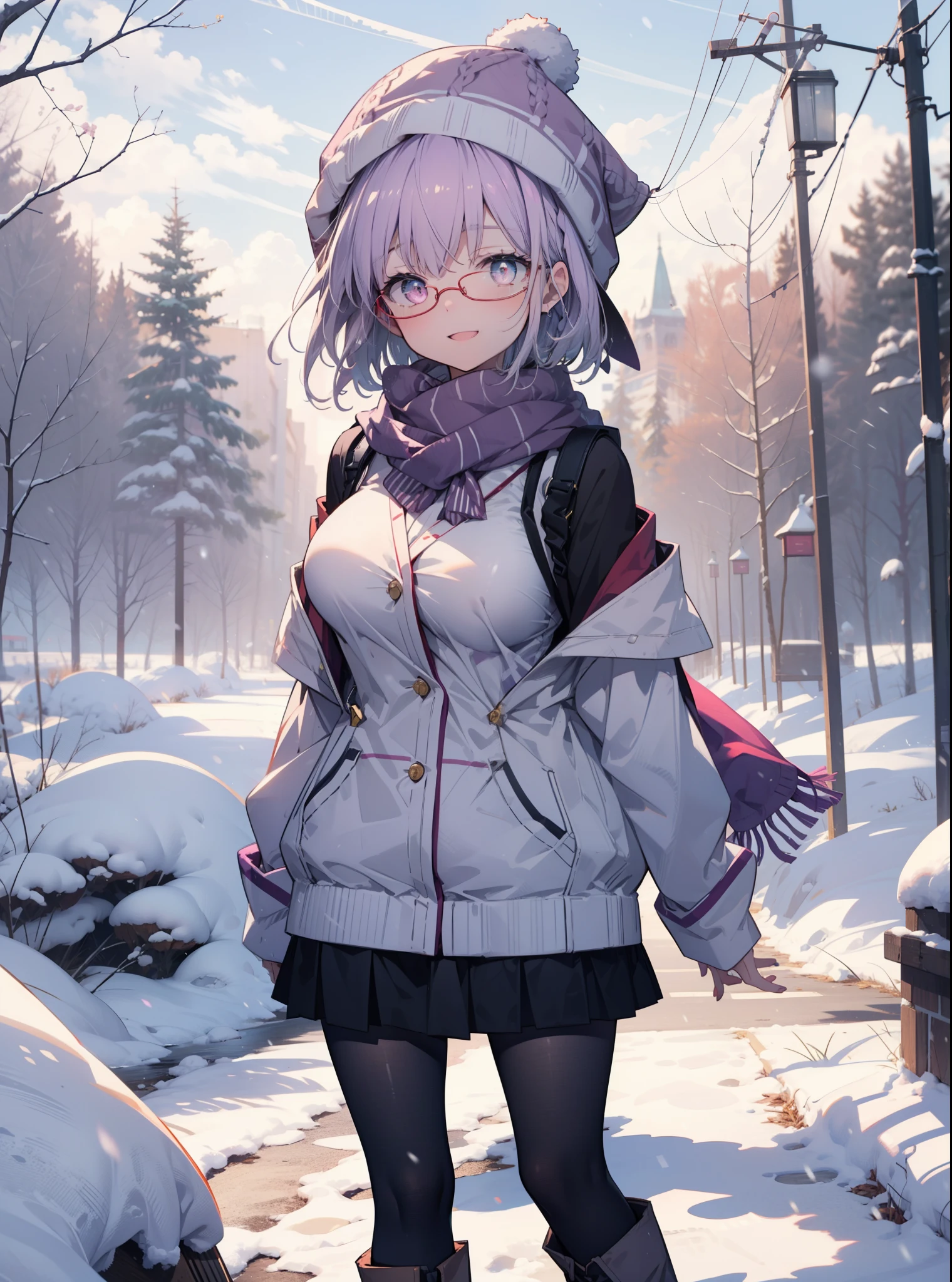 akaneshinjou, shinjou akane, Light purple hair, (Pink Eyes:1.2), short hair,Akagi Glasses,hair band,,White Breath,Big Breasts,Purple coat,White sweater,happy smile, smile, Open your mouth,Black long skirt,Gray pantyhose,Red scarf,short boots,Knitted hat,Daytime,cloudy,snow,snowが降り積もっている,whole bodyがイラストに入るように,Looking down from above,
 break looking at viewer,whole body,               　　　　　　　 break outdoors 森, nature, 　　　　　　　　　　　break (masterpiece:1.2), highest quality, High resolution, unity 8k wallpaper, (shape:0.8), (Beautiful and beautiful eyes:1.6), Highly detailed face, Perfect lighting, Extremely detailed CG, (Perfect hands, Perfect Anatomy),