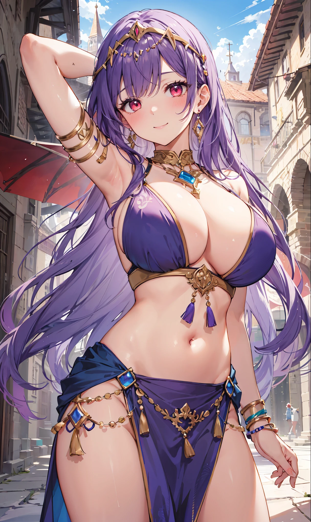 high quality, ultra detailed, best quality, insanely detailed, beautiful, masterpiece, 1girl, medieval plaza, cowboy shot, red eyes, long hair, purple hair, belly dancer, circlet, earrings, armlets, bracelets, bashful smile, large breasts, cleavage, soft stomach
