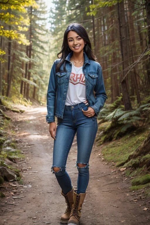 ((full body:1.4)),Pretty 18 yo Native American woman, beautiful fit figure. Warm(smile:1.1). Denim jacket, flannel shirt, skinny jeans, hiking boots.