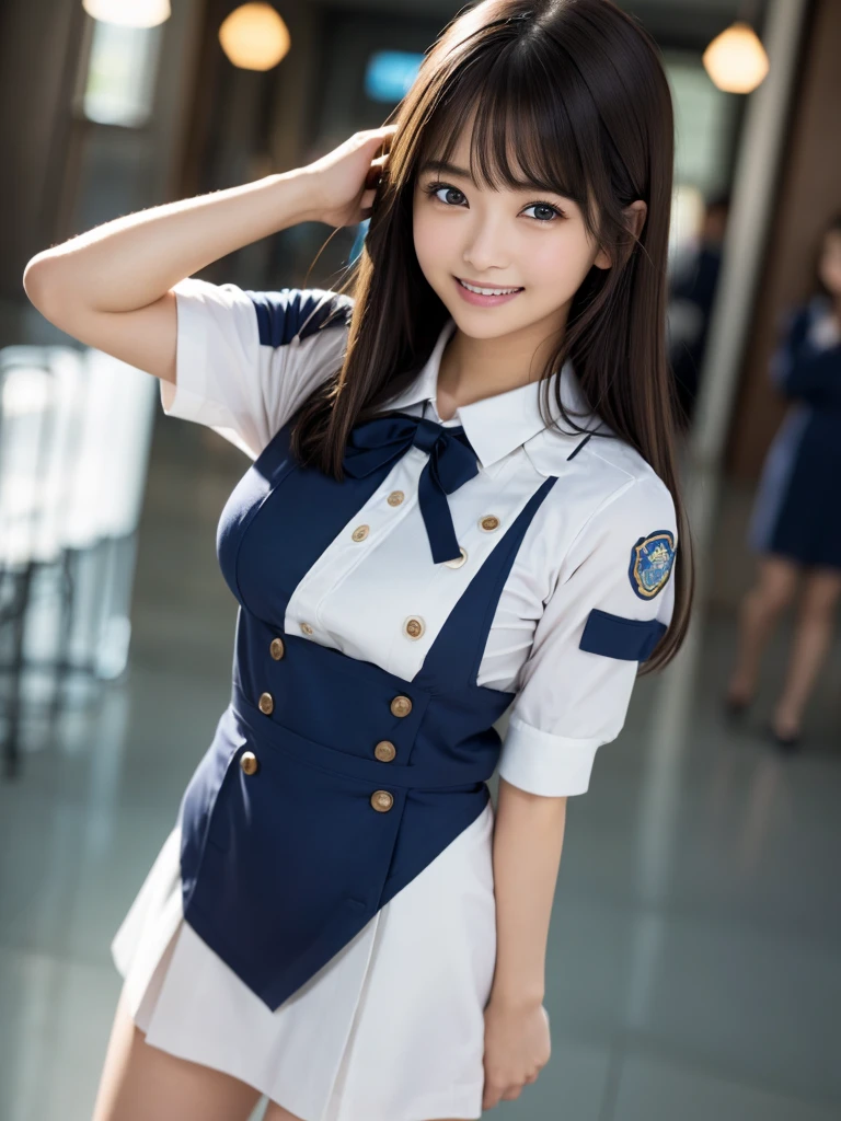 1 girl、solo、masterpiece、highest quality、KashimaOG、Kashima\(KanColle\)、gray hair、blue eyes、wavy hair、twin tails、Fishing eye、beret、laughter、embarrassing、blush、big breasts、Black enamel、bondage、High leg、red triagle shape panty, Black enamel、thigh high boots、squat on the floor、Open your crotch wide from side to side、open your legs、Show your crotch to the camera、stare at the camera、arm behind head、show off your armpits、school hallway