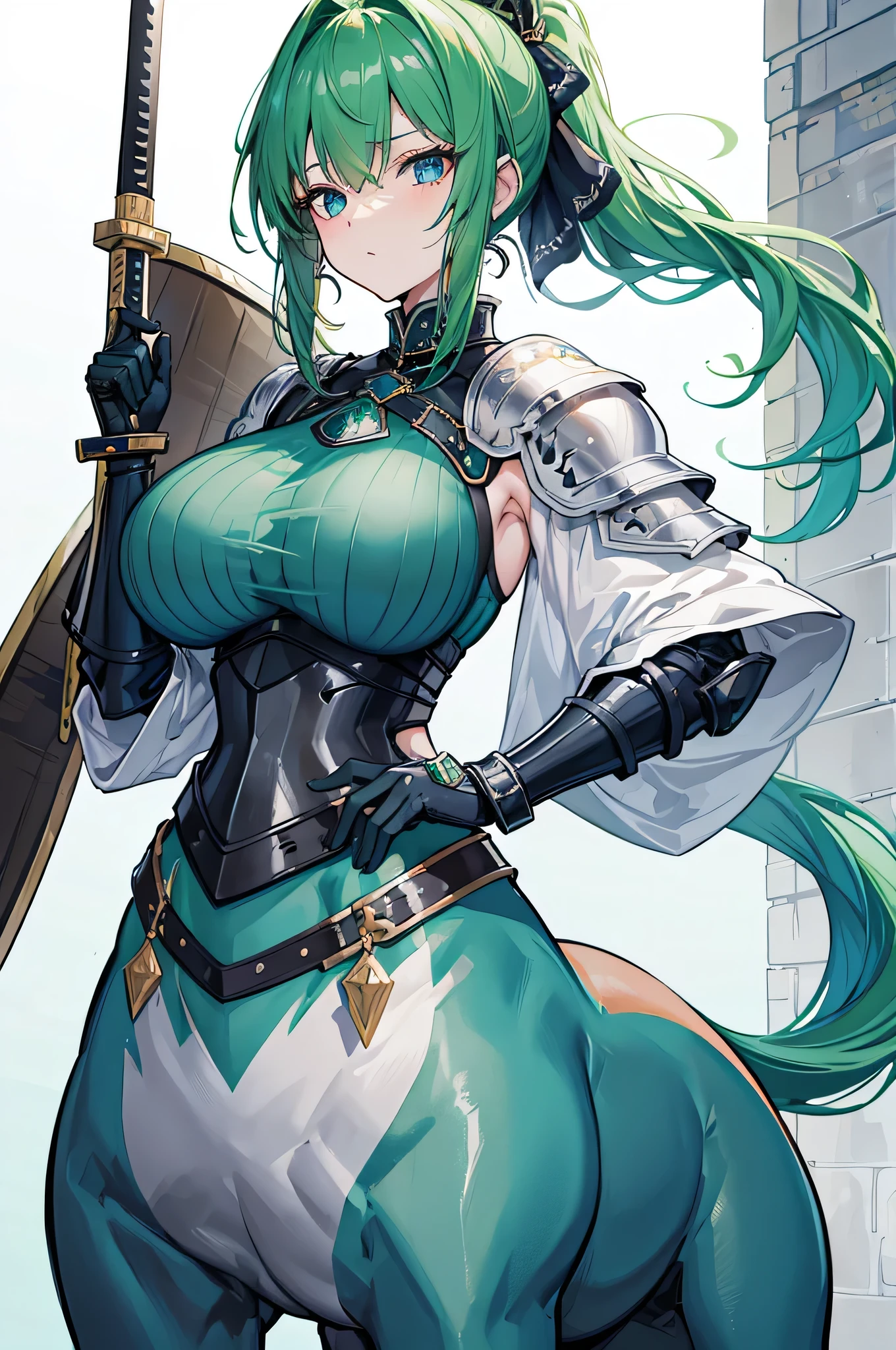 4k,High resolution,One Woman,Centaur,Green Hair,Short Ponytail,Blue Eyes,Big Breasts,knight,Knight&#39;s Armor,Full Armor,Heavy Armor,Jewelry decoration,Long sword,Medieval village