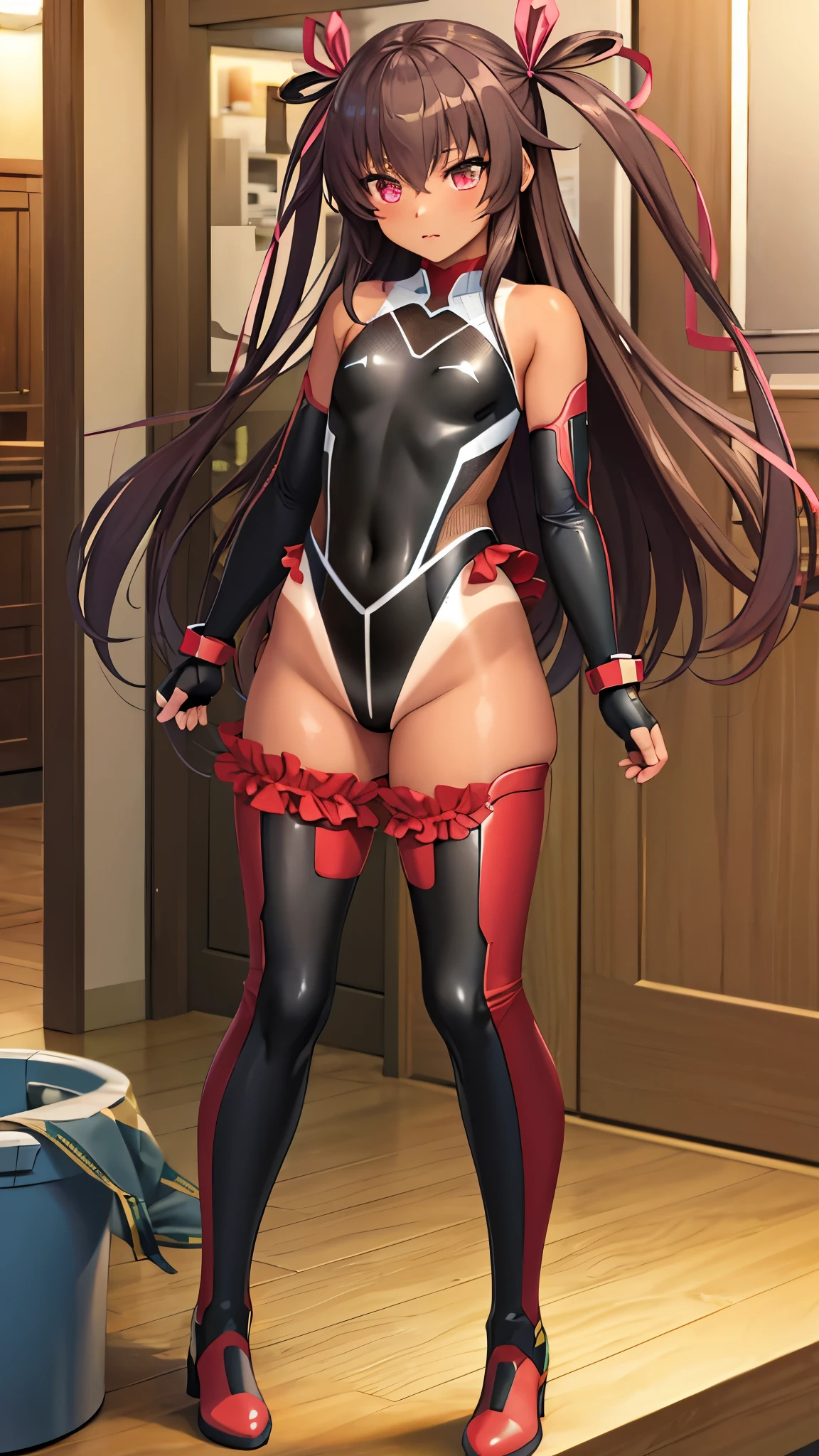 8k,best quality,masterpiece, highest quality, High resolution ,Mizuki Yukikaze, Hair Ribbon, Black leotard, (Taimanin suit), skinny,flat tits,One Piece Tan, Elbow Bag, Fingerless gloves, Frilled leotard, Thigh-high boots,pov,Are standing,