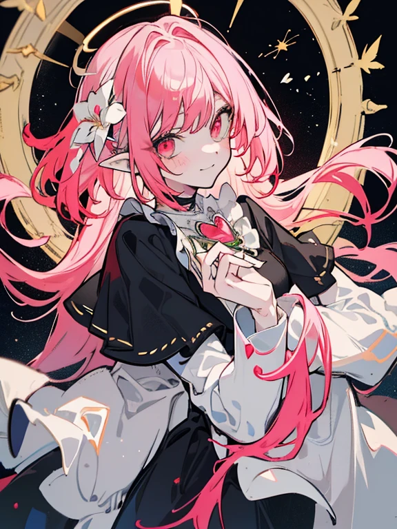 ((masterpiece:1.4,highest quality))+,(Hyper Detail)+,(Very fine eye)+,(Pointed Ears:1.5),Halo
(Cute Girls),15 years old,(Red Eyes:1.15)short pale pink hair,Bushy hair(wariza:1.2),Pale-skinned,Perverse laughter,Black bottoms
(White Gloves:1.4)Long sleeves,Gold Wire,Crystal Earrings,Leprechaun Maiden,Coral Crystalenghua,Gemstone Jewelry,Diamond and Flower World,Glowing Butterfly,Halo,Fresh flowers,Heart of Love
(Pink and white satin ribbon:1.1),
(Dawn Light:1.2),
(Dark black and white:1.16),(Depth of written boundary:1.4),,Intricate details,