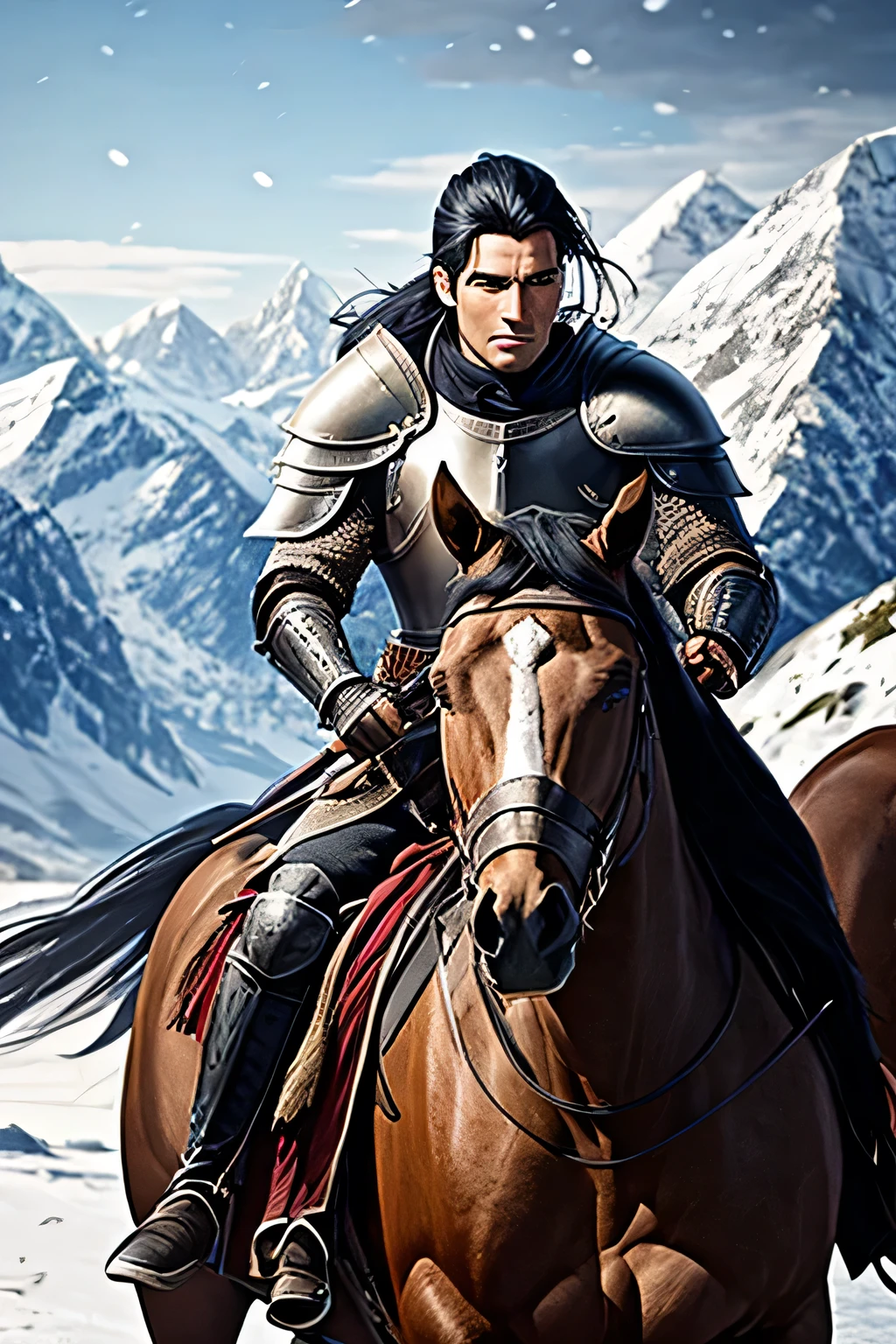 Knight on horseback. Man. courageous face. Black hair, pulled back into a ponytail. armor. scars on face. Against the backdrop of snow-capped mountains and forests