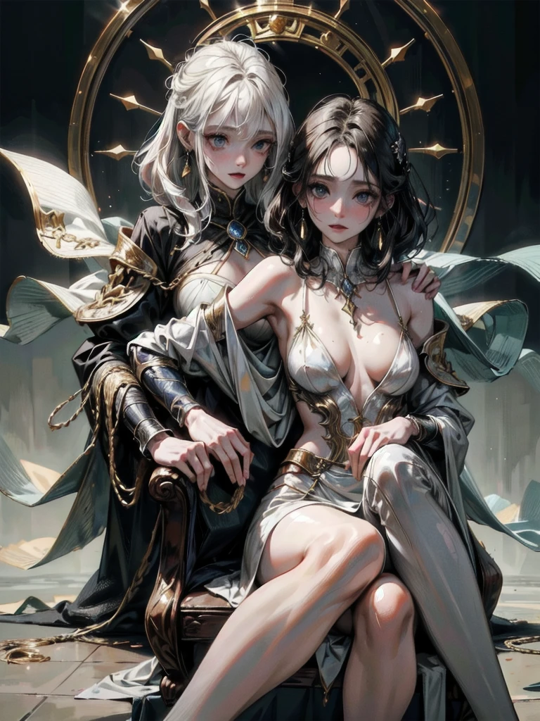 whole body, 2 girls, absurdres, RAW photo, extremely delicate and beautiful, masterpiece, Best Quality, ultra high resolution, 32k, hyperrealistic, ultra-detailed, perfect figure, perfect shape, detailed description, pale skin, 20 years old, detailed beautiful face and eyes, tearful mole, earring, short medium hair, wavy hair,