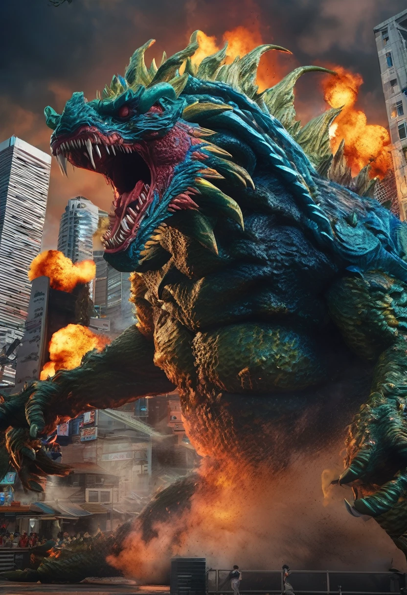 detailed kaiju monsters fighting in tokyo,bunny-eared kaiju,tokyo cityscape on fire,giant monsters rampage,highly detailed giant monsters,epic battle of kaiju,hyper-realistic kaiju creatures,photorealistic kaiju,cinematic kaiju battle scene,dynamic kaiju action,dramatic lighting kaiju fight,vibrant colors kaiju,incredibly detailed kaiju anatomy,powerful kaiju monsters,monstrous scale kaiju,awe-inspiring kaiju titans,(best quality,8k,highres,masterpiece:1.2),ultra-detailed,(realistic,photorealistic,photo-realistic:1.37),cinematic composition,dramatic lighting,vivid colors,dynamic action