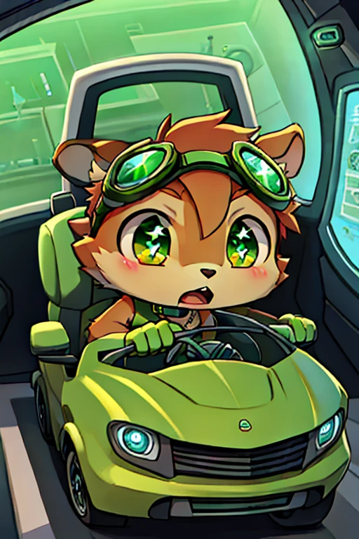 boy, squirrel, furry, bodyfur, tail, green goggles, green collar, green bra, bottomless, green gloves, green boots, chibi, sparkling eyes, laboratory, green headphones, steering wheel, driving