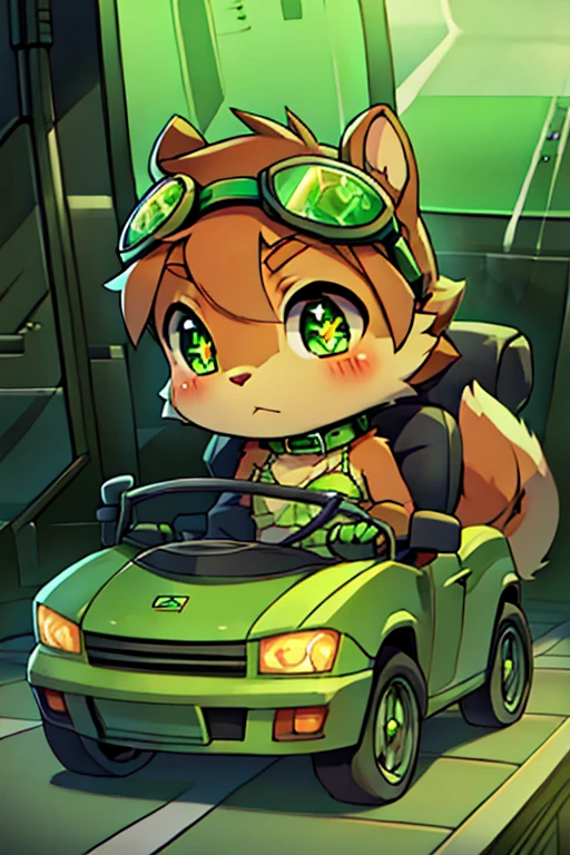 boy, squirrel, furry, bodyfur, tail, green goggles, green collar, green bra, bottomless, green gloves, green boots, chibi, sparkling eyes, penis, testicles, laboratory, headphones, playing