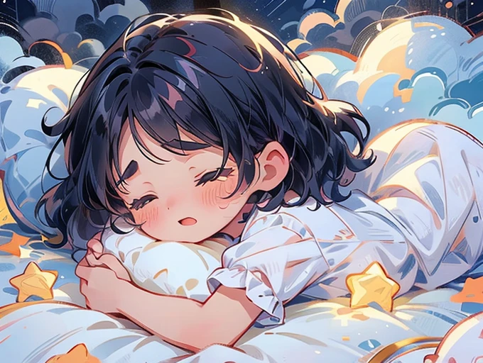 A girl, navy hair,wavy short hair,Parallel Eyebrows , Sleeping on Pillow, Having nightmares,Big tears flowing,, Lovely, Closed eyes, Break, Towards viewer, POV, when she sleeps next to you, Pillow, cloud, Star, cloud-Bed and night-sky background, anime, illustration, high quality CG, Fair,