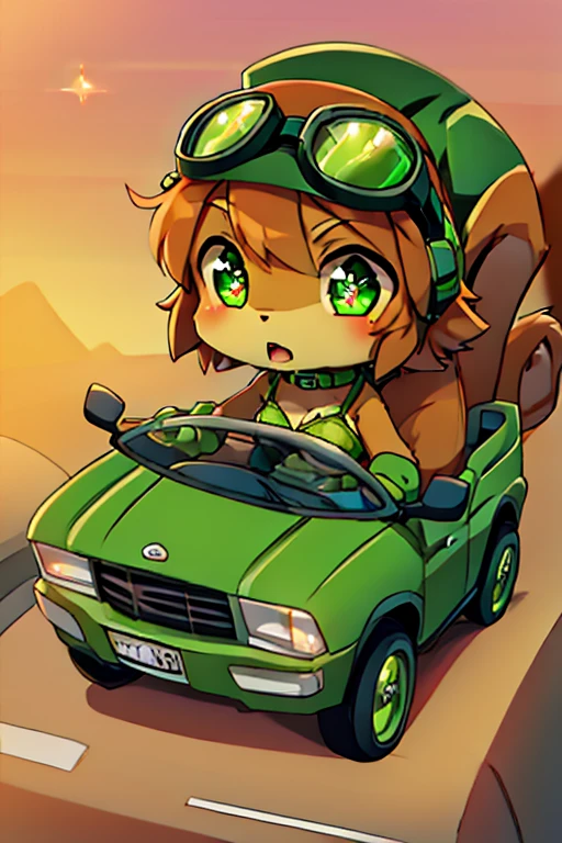 boy, squirrel, furry, bodyfur, tail, green goggles, green collar, green bra, bottomless, green gloves, green boots, chibi, sparkling eyes, green headphones, steering wheel, driving car, small penis, testicles
