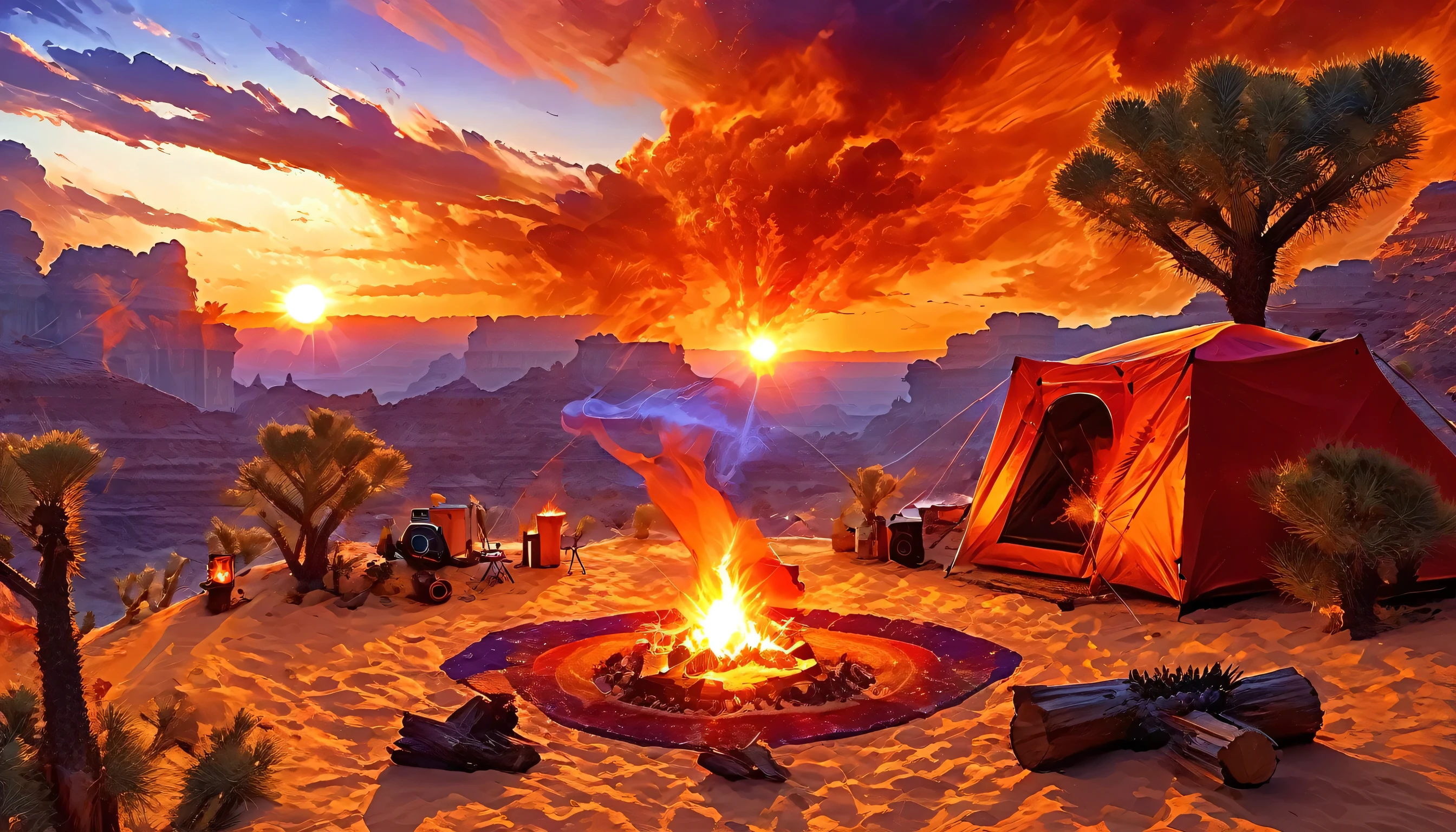 arafed, a picture of a camping (tent: 1.2) and small (campfire: 1.3), on a desert mountaintop, its sunset the sky are in various shades of  (red: 1.1), (orange: 1.1), (azure: 1.1) (purple:1.1) there is smoke rising from the fire camp, there is a magnificent view of the desert canyon and ravines, there is sparce trees on the horizon, it is a time of serenity, peace, and relaxation, best quality, 16K,  photorealism, National Geographic award winning photoshoot, ultra wide shot, RagingNebula, ladyshadow