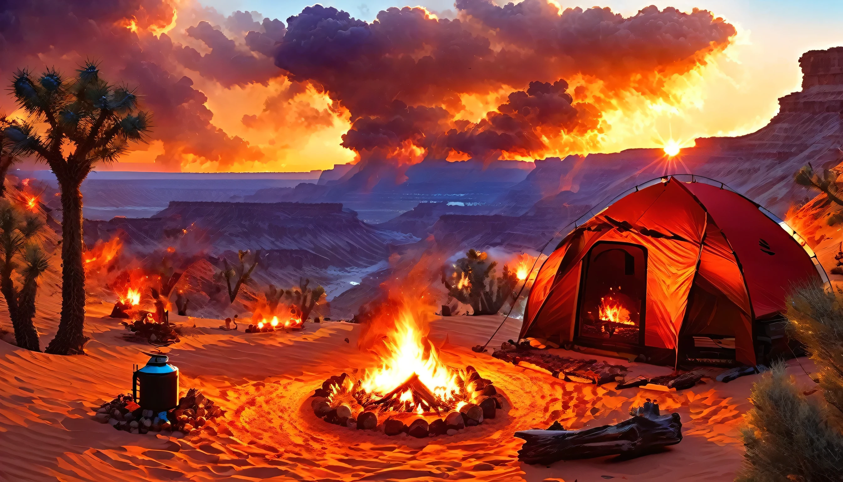 arafed, a picture of a camping (tent: 1.2) and small (campfire: 1.3), on a desert mountaintop, its sunset the sky are in various shades of  (red: 1.1), (orange: 1.1), (azure: 1.1) (purple:1.1) there is smoke rising from the fire camp, there is a magnificent view of the desert canyon and ravines, there is sparce trees on the horizon, it is a time of serenity, peace, and relaxation, best quality, 16K,  photorealism, National Geographic award winning photoshoot, ultra wide shot, RagingNebula, ladyshadow