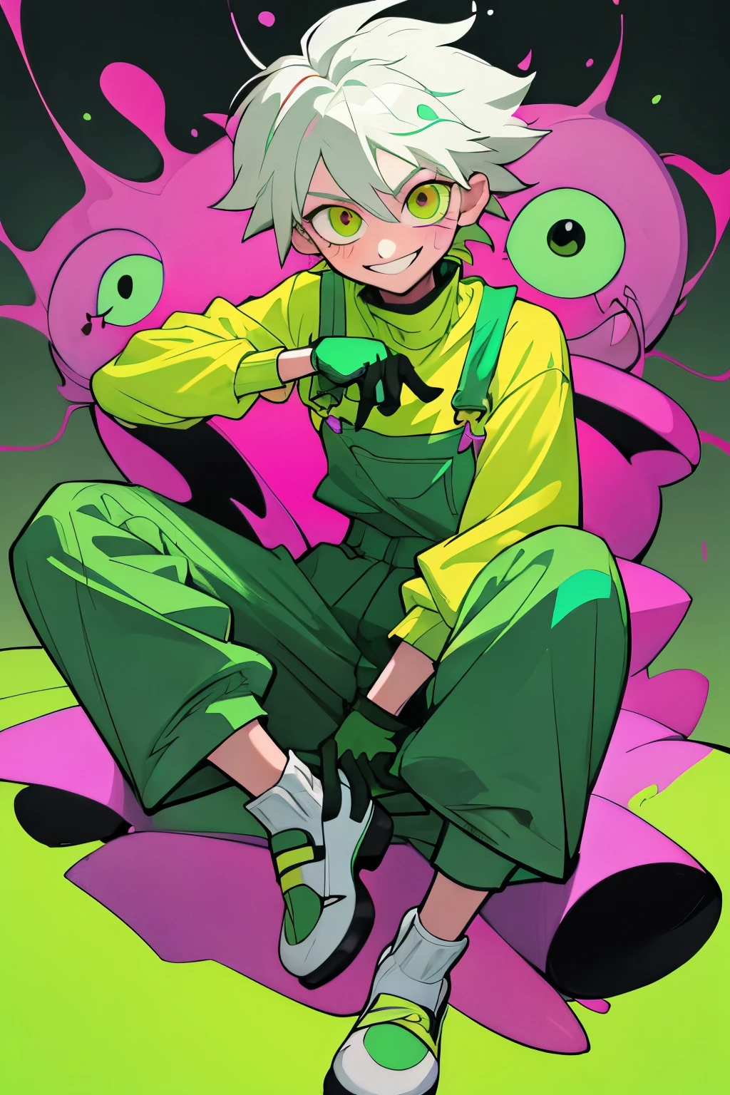 1kpop boy wearing a soft green turtle neck outfit, with a dark green fuchsia-colored overalls , yellow gloves, smile with teeth, messy messy white hair, detailed eye,pupilsmirk rizz face, attractive pose cannot be ressistbaby face(killua face) rizz,sit pose, face, attractive pose cannot be ressist, whole body,Nike shoes