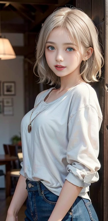 1 girl, alone, cute, View Viewer, Beautiful body, blush, (Silvery blonde short wavy hair), (Small breasts), (Green Eyes), Very lifelike eyes, Open Mouth Smile。Stylish casual attire, Beautiful environment, Very detailed, masterpiece, highest quality, highest quality, High resolution, (masterpiece:1.2), Realistic lighting, Great lighting